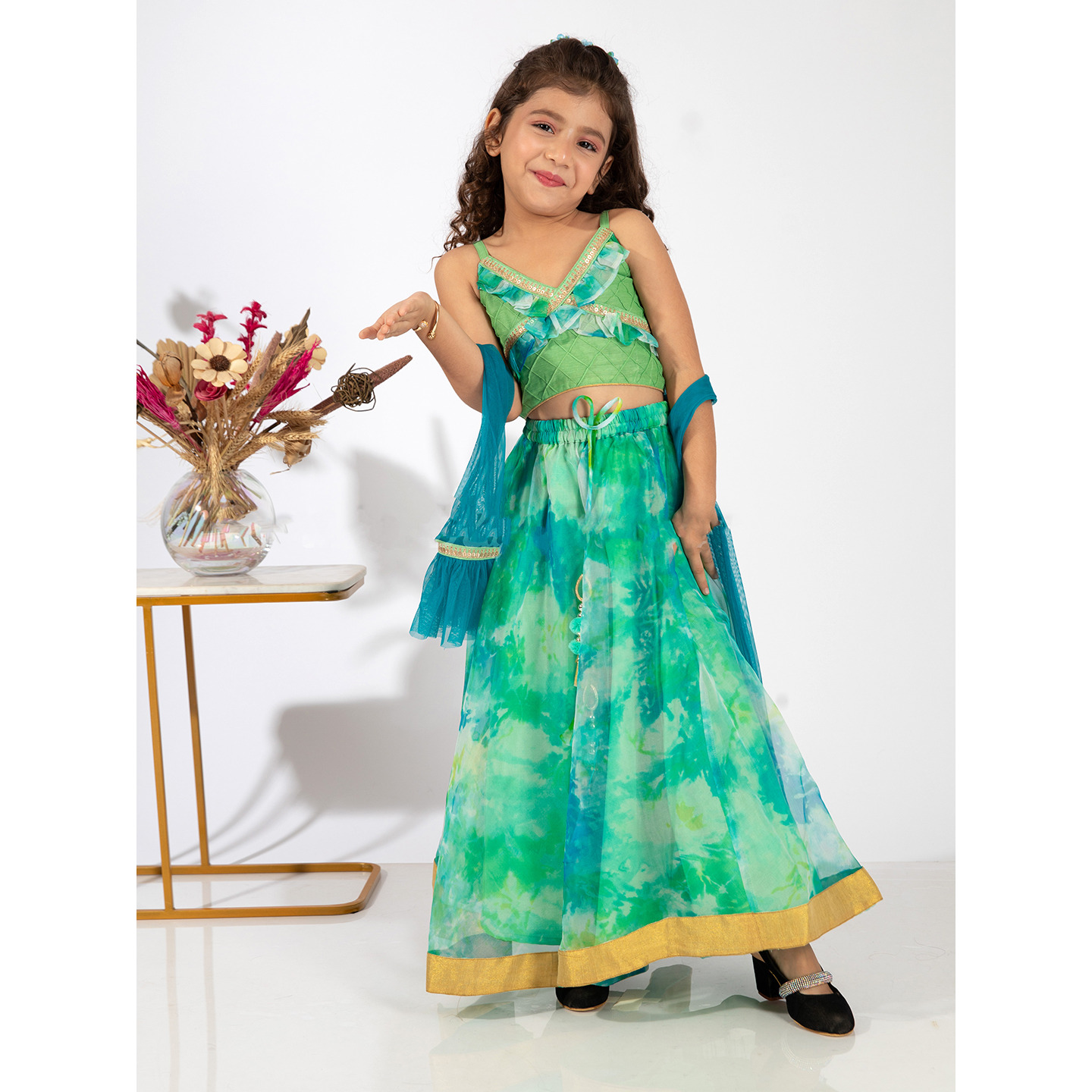 Elaisha Girls Spaghetti-Strap Top with Criss-Cross Design & Lehenga with Net Dupatta Set - Sea Green & Lime Green
