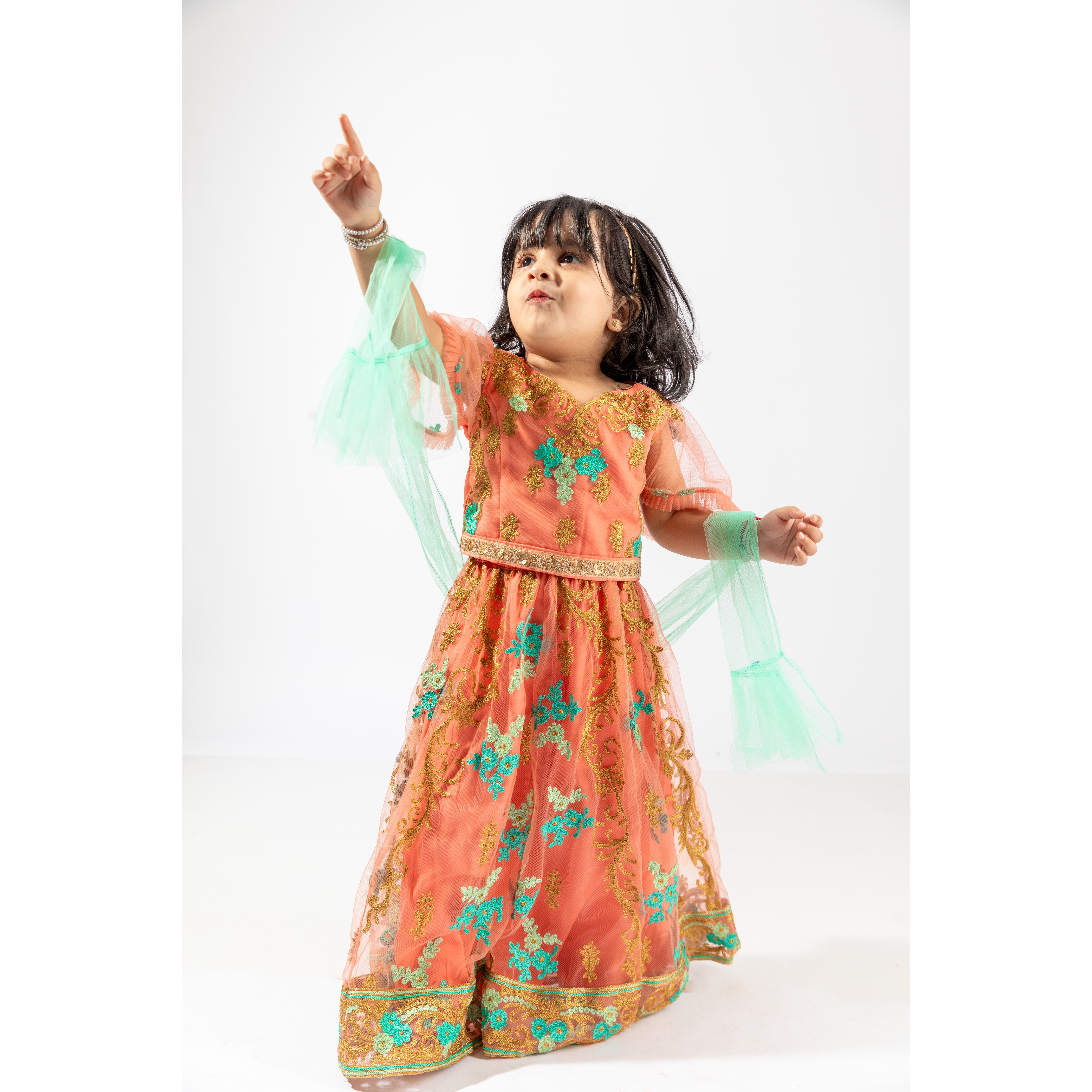 Elaisha Girls Traditional Embroidered Top & Lehenga With Net Dupatta Set - Peach & Sea Green