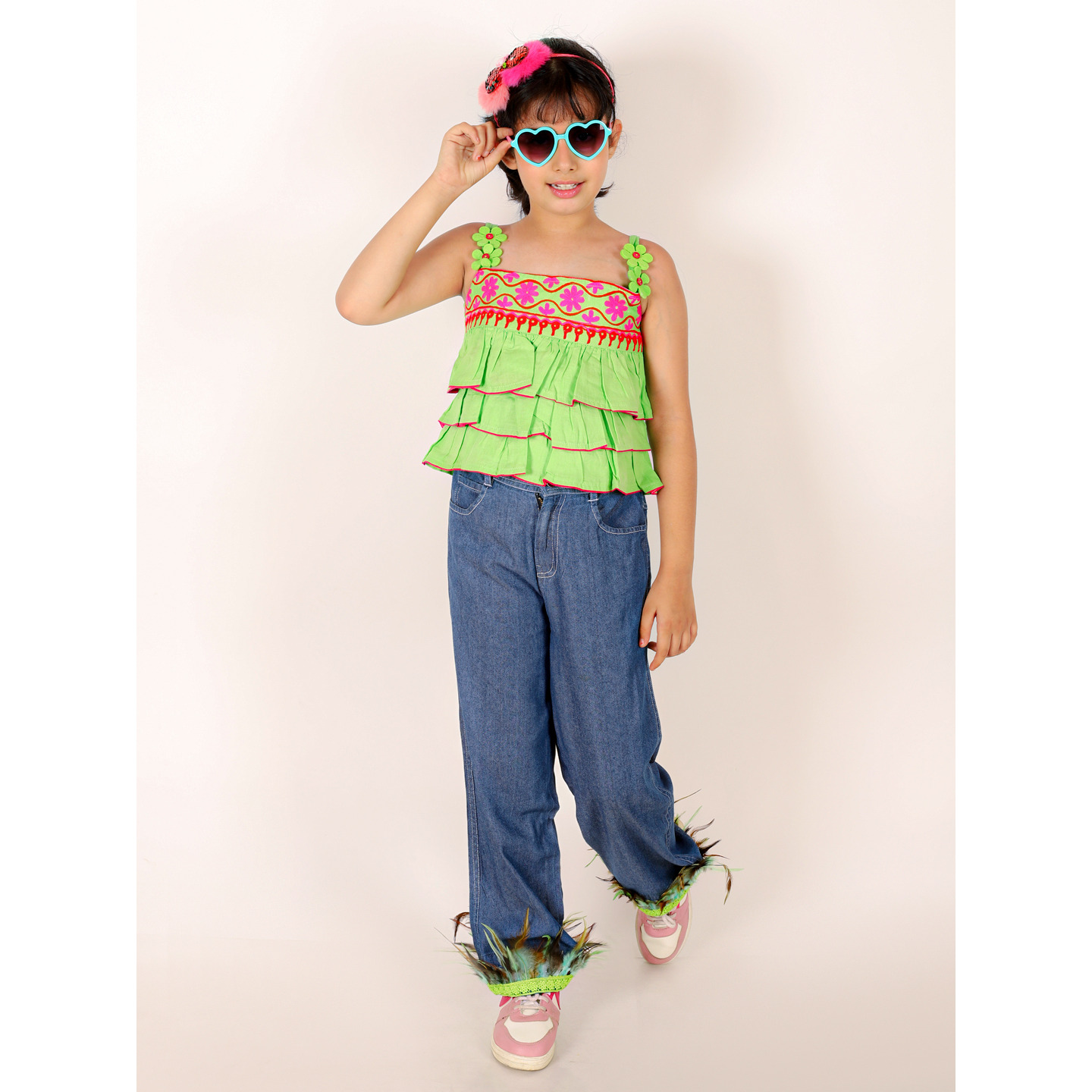Elaisha Girls layered embroidered top with emblished feather jeans - Limegreen & Blue