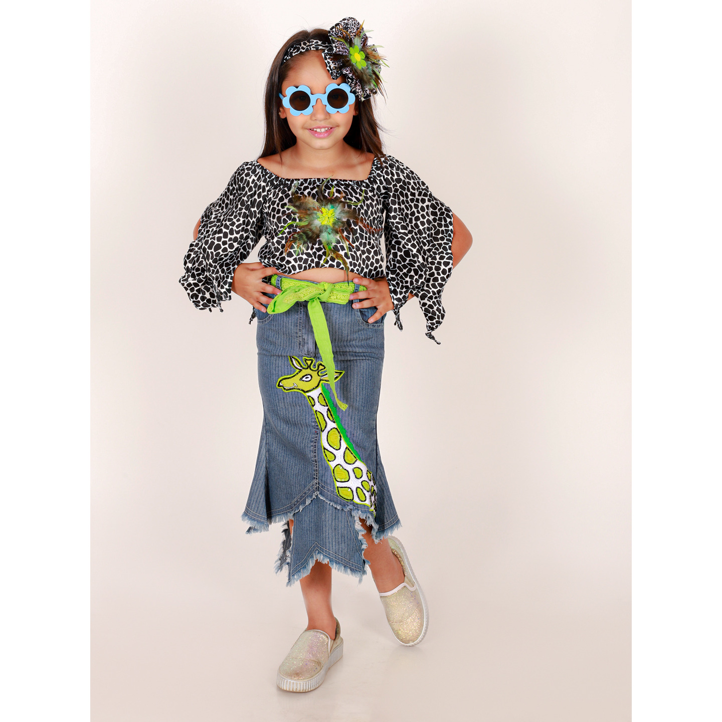 Elaisha Girls zebra print crop top with girraff Applique - Black & Blue