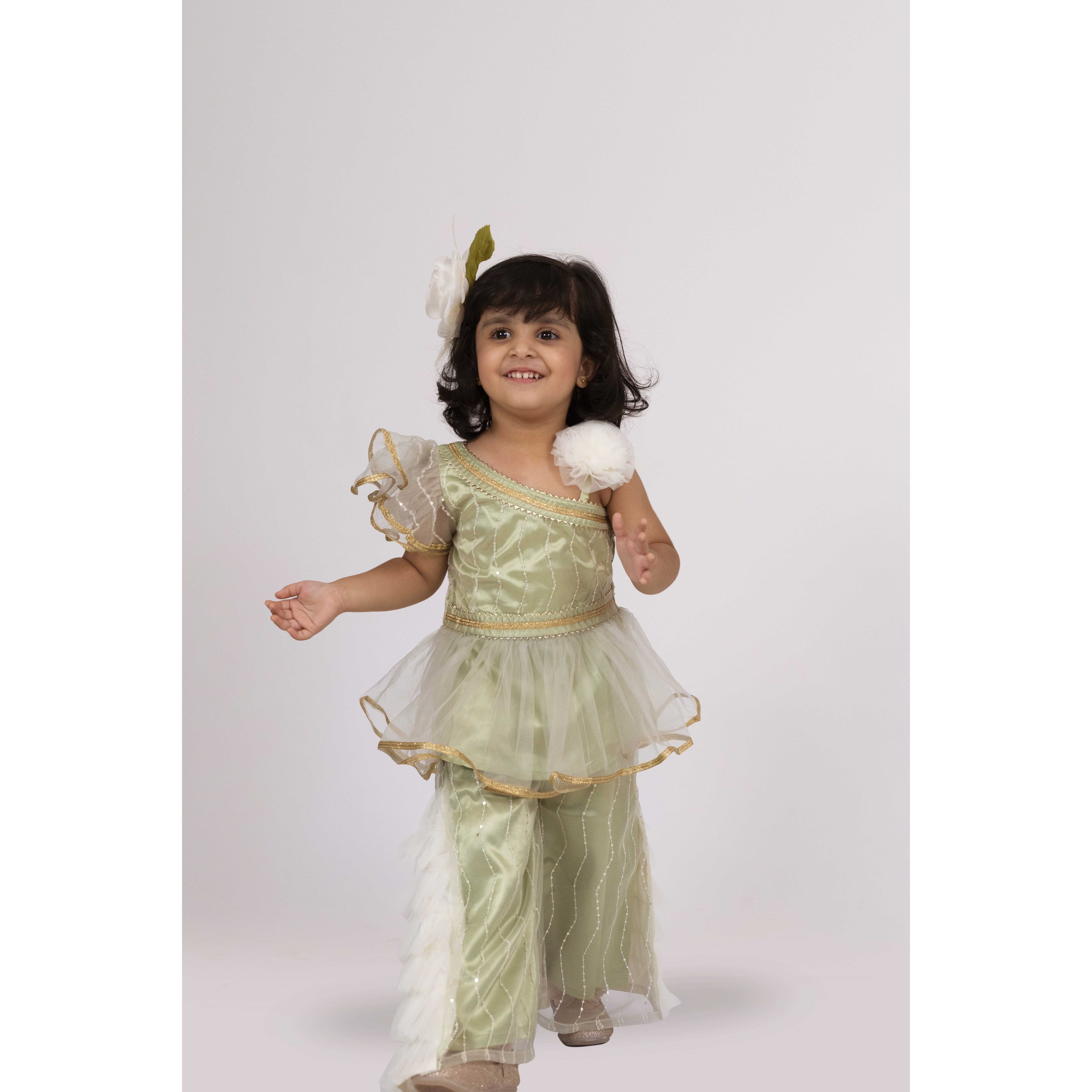 Elaisha One-Shoulder Sleeve Ruffle Detailed Top With Palazzo Set - Pista Green