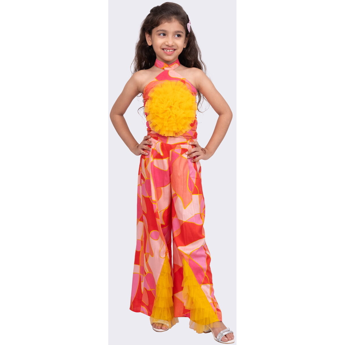 Elaisha Rayon Woven Sleeveless All Over Geometrical Print Top With Palazzo-Coral & Yellow