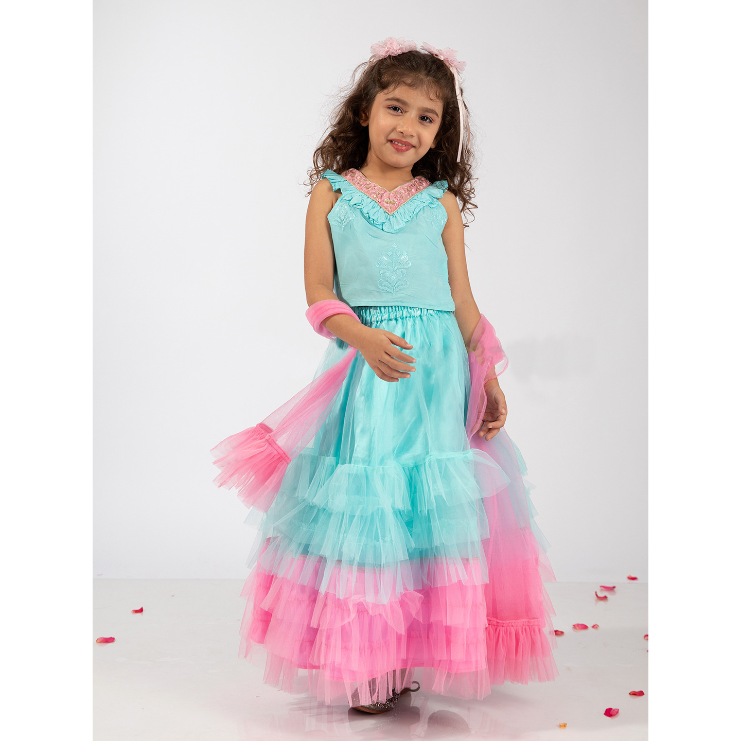 Elaisha Sleeveless Embroidered & Ruffle Detailed Top With Lehenga & Dupatta Set - Light Blue & Pink