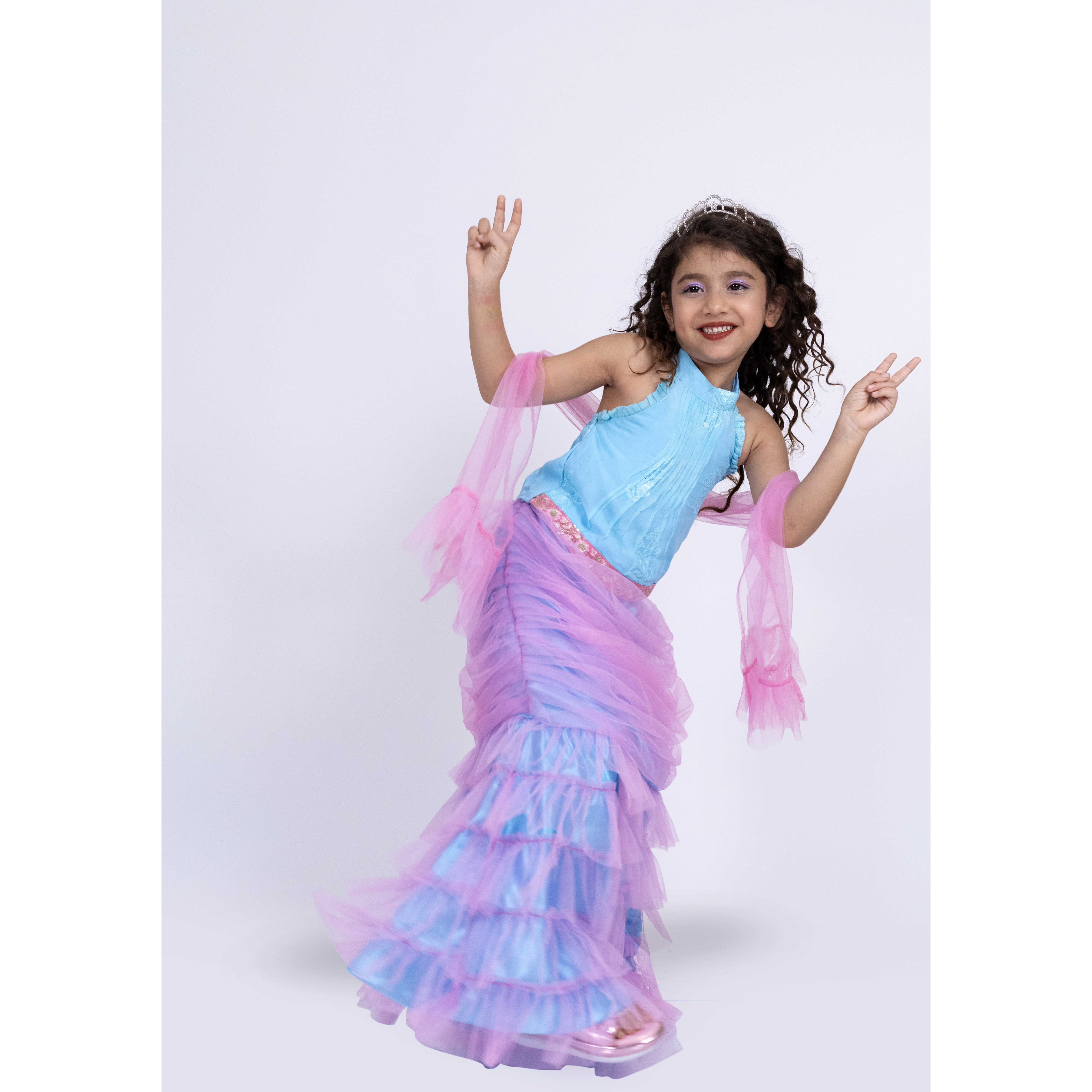 Elaisha Sleeveless Mermaid-shaped Top With Lehenga & Dupatta Set - Light Blue & Light Pink
