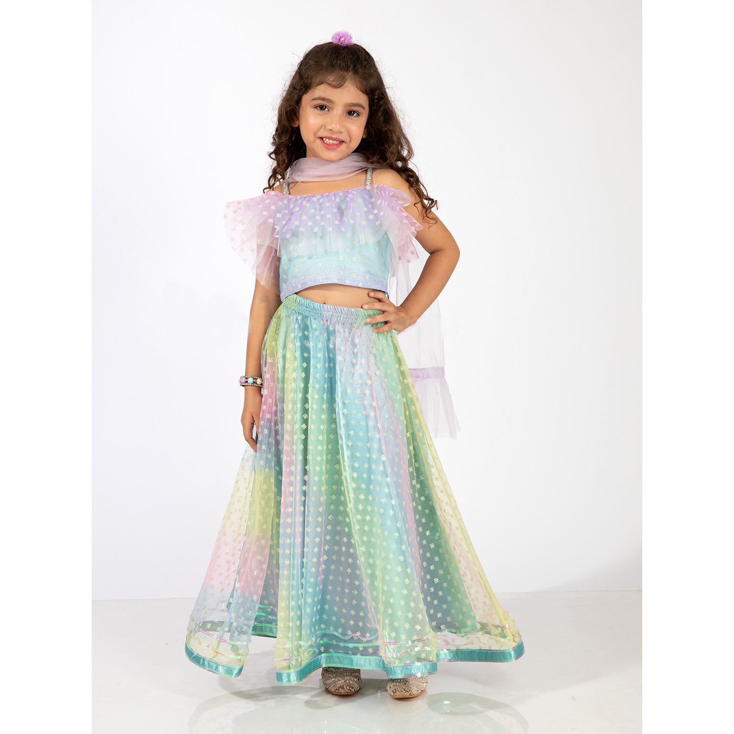 Elaisha Sleeveless Ruffle Details & Gradient Printed Top With Lehenga & Dupatta Set - Light Blue & Mauve