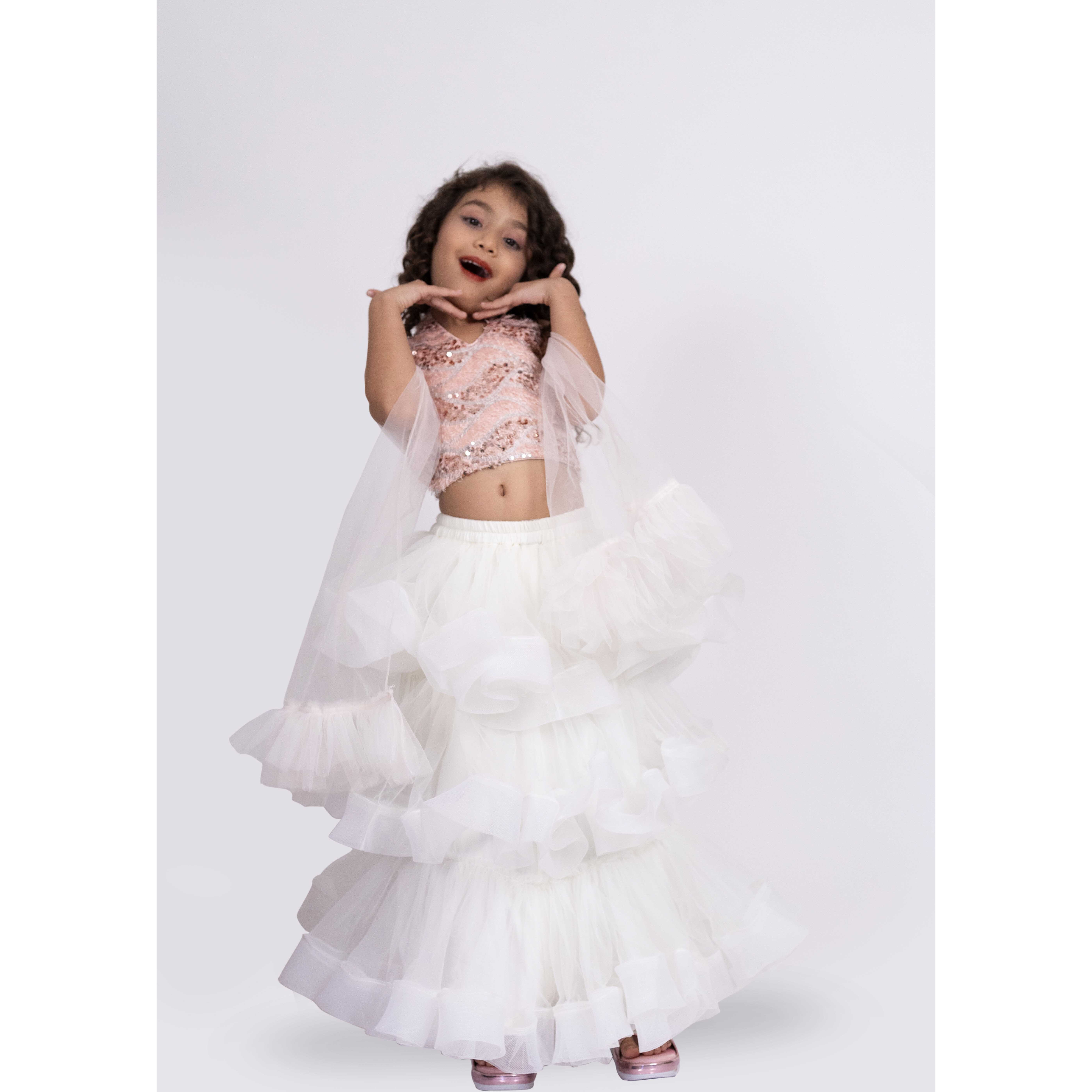 Elaisha Sleeveless Sequence Worked Top With Lehenga Set - Peach & Off White