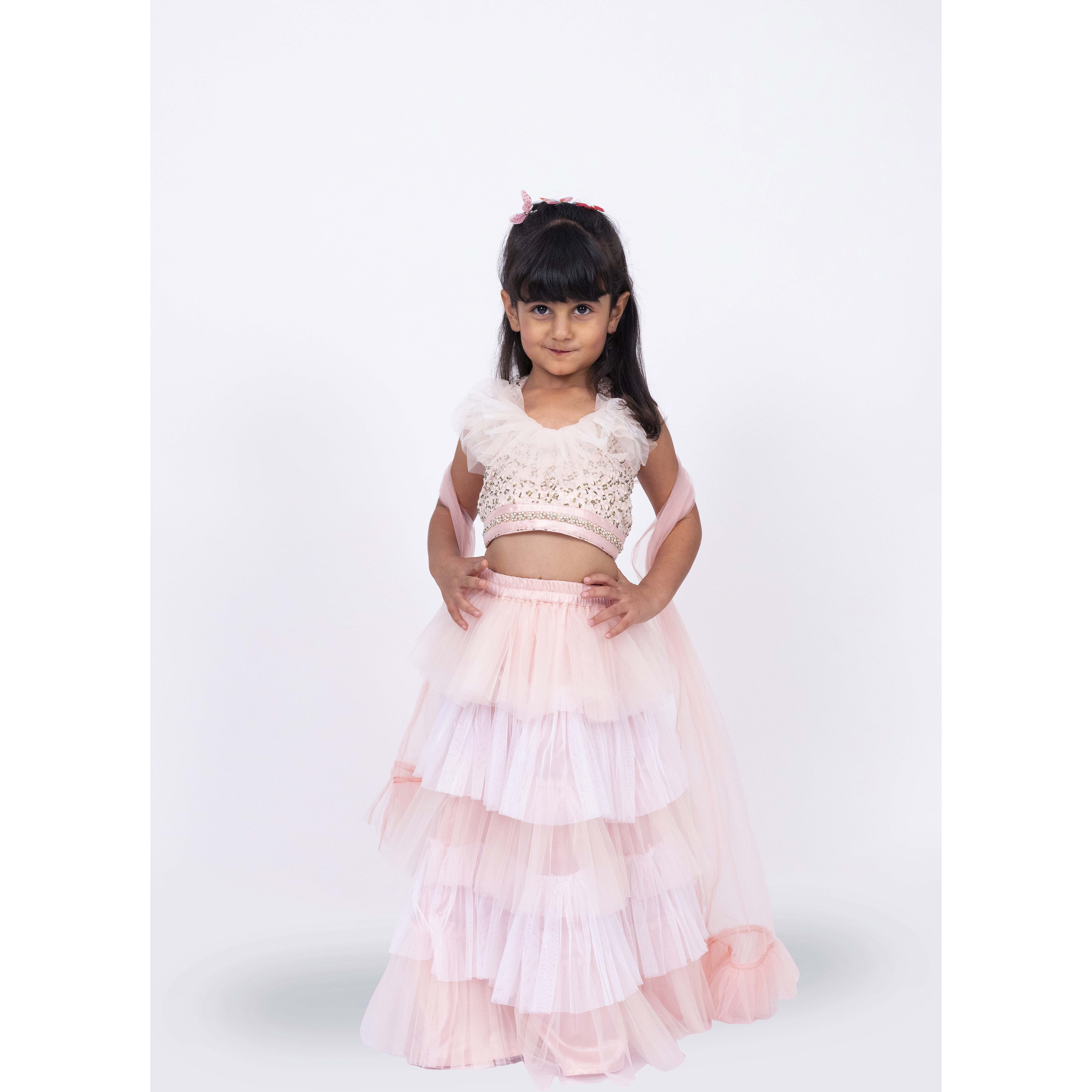 Elaisha Sleeveless Sequin Ruffled Top With Lehenga & Dupatta Set - Peach & Off White
