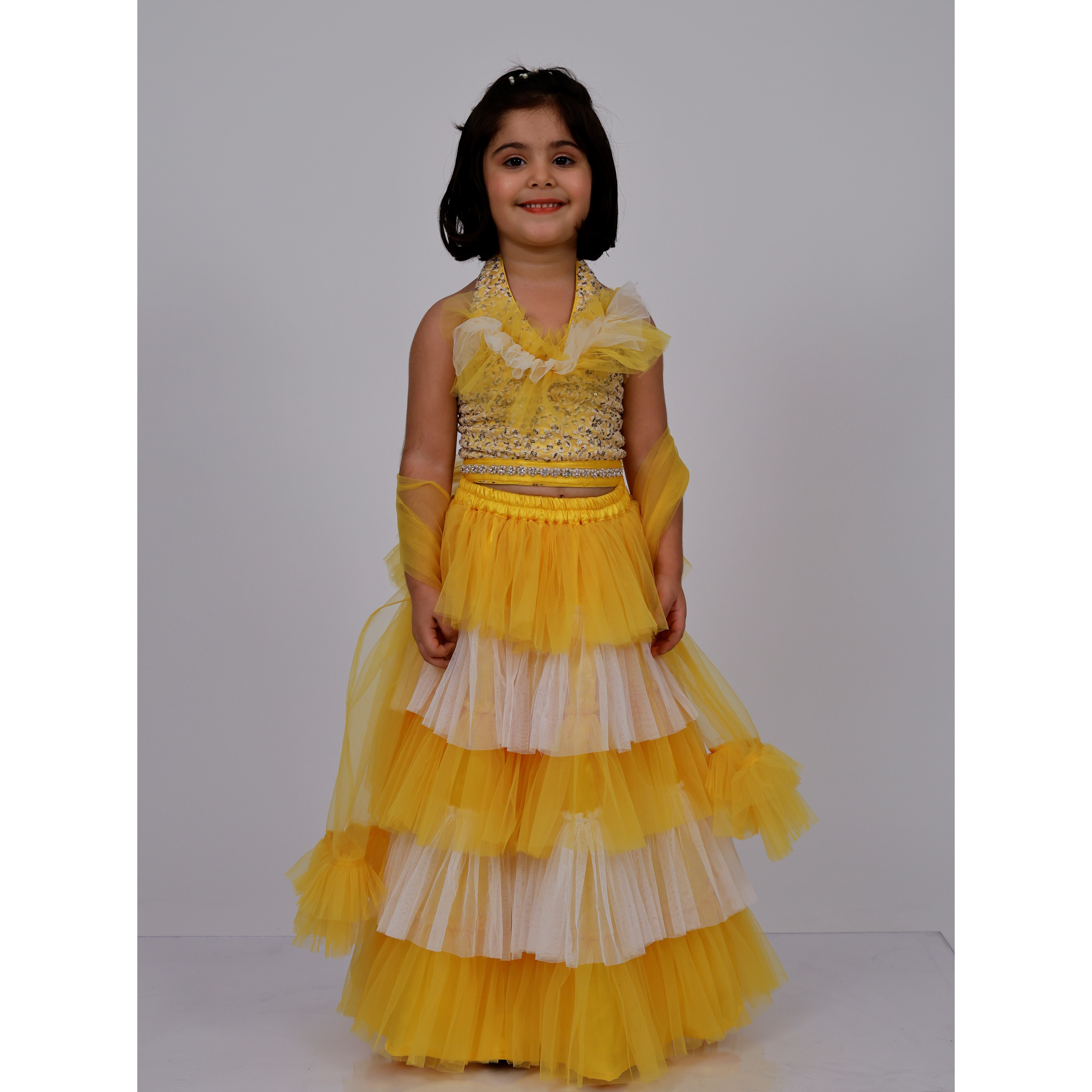 Elaisha Sleeveless Sequin Top With Lehenga & Dupatta Set - Yellow & Off White