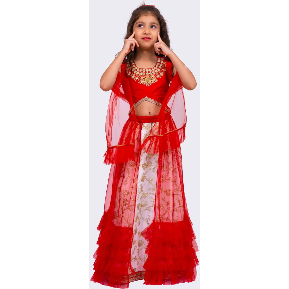 Elaisha Woven Sleeveless Placement Embroidered Top & Embellished Lehenga With Dupatta-Red