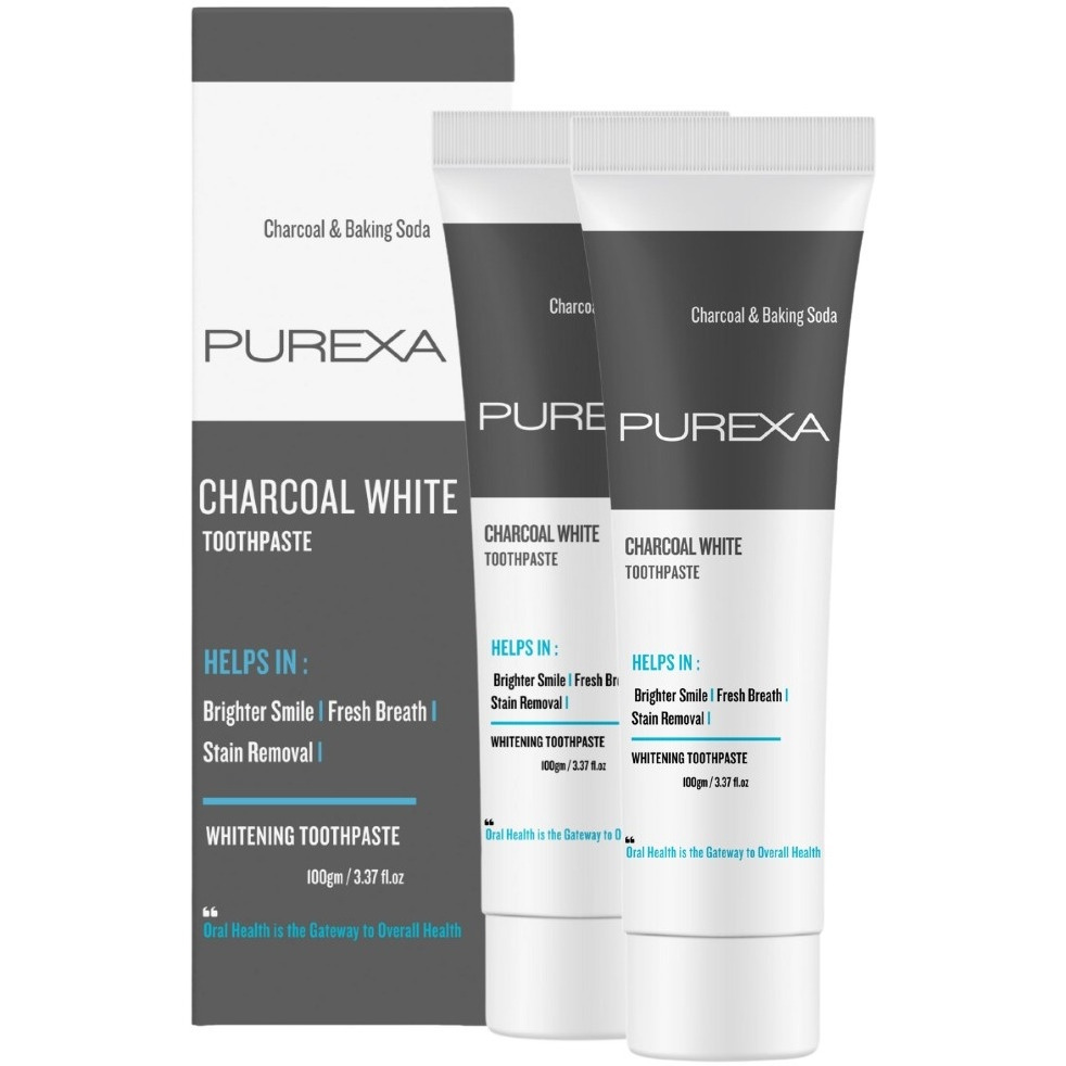 PUREXA Charcoal White Toothpaste Pack of 2 | Dual Whitening Combo | Activated Charcoal Teeth Cleaner for Stain Removal, Fresh Breath & Detox | Natural, Fluoride-Free, Enamel-Friendly Formula for Brighter & Healthier Smiles