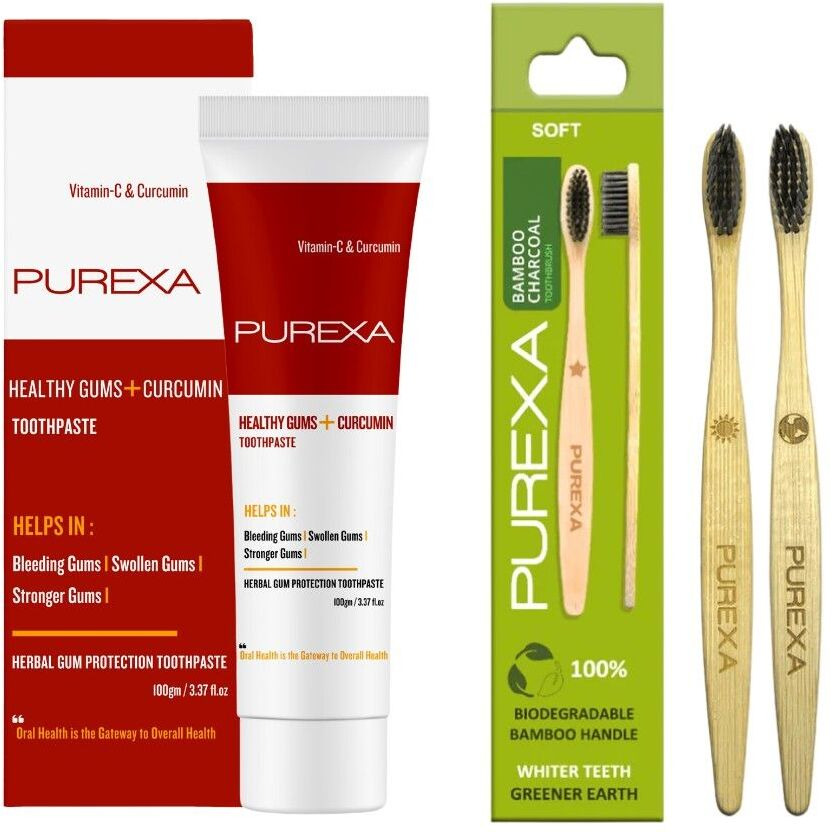 PUREXA Healthy Gums Herbal Toothpaste 100g with Bamboo Toothbrush Pack of 2 | Curcumin & Vitamin C Gum Care | Eco-Friendly BPA Free Soft Bristles Oral Care Combo