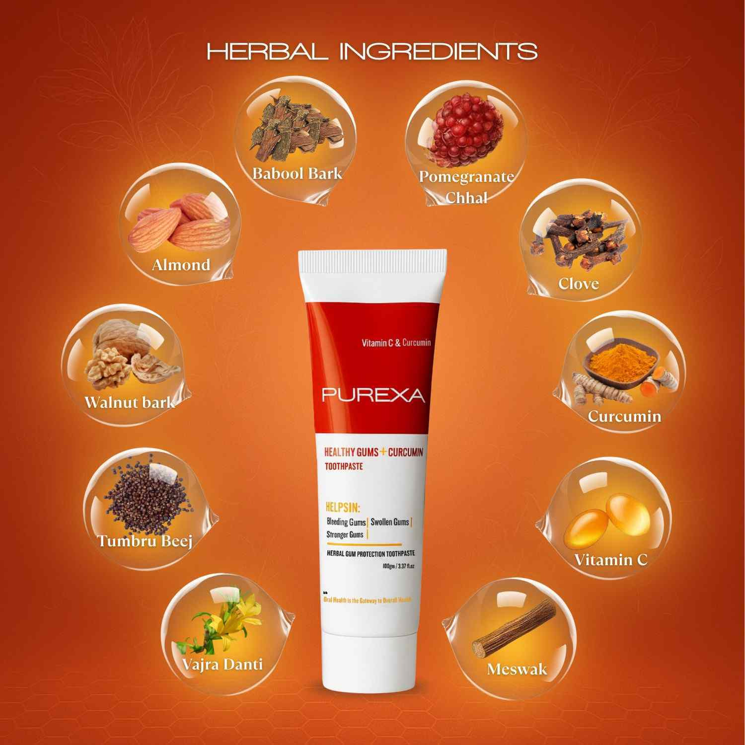 PUREXA Healthy Gums Herbal Toothpaste 100g with Bamboo Toothbrush Pack of 2 | Curcumin & Vitamin C Gum Care | Eco-Friendly BPA Free Soft Bristles Oral Care Combo