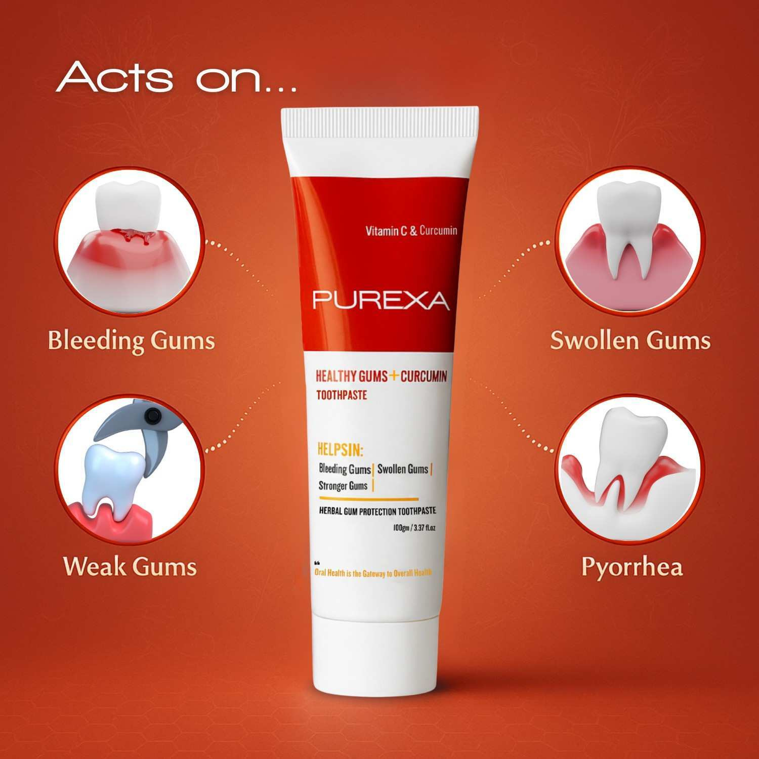 PUREXA Healthy Gums Herbal Toothpaste 100g with Bamboo Toothbrush Pack of 2 | Curcumin & Vitamin C Gum Care | Eco-Friendly BPA Free Soft Bristles Oral Care Combo