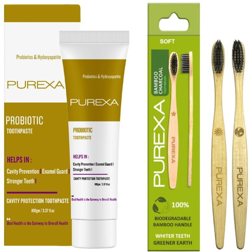 PUREXA Probiotic Toothpaste 100g with Bamboo Toothbrush Pack of 2 | Oral Microbiome Support & Plaque Care | Eco-Friendly BPA Free Soft Bristles Oral Care Combo