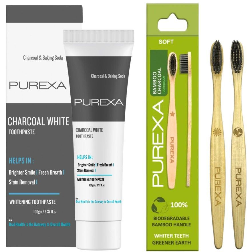 PUREXA Charcoal White Toothpaste 100g with Bamboo Toothbrush Pack of 2 | Activated Charcoal, Baking Soda & Fluoride | Whitening & Fresh Breath Oral Care Combo