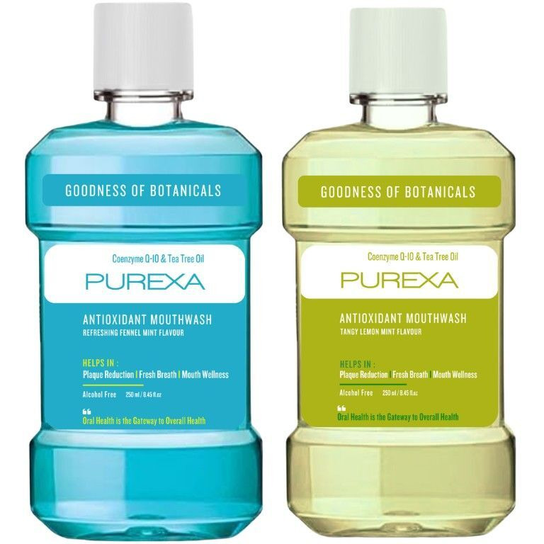 PUREXA Fennel Mint & Lemon Mint Antioxidant Mouthwash Combo 250ml Each | Alcohol Free Oral Rinse with Tea Tree Oil, Aloe Vera & Spearmint Oil | Fresh Breath & Plaque Care
