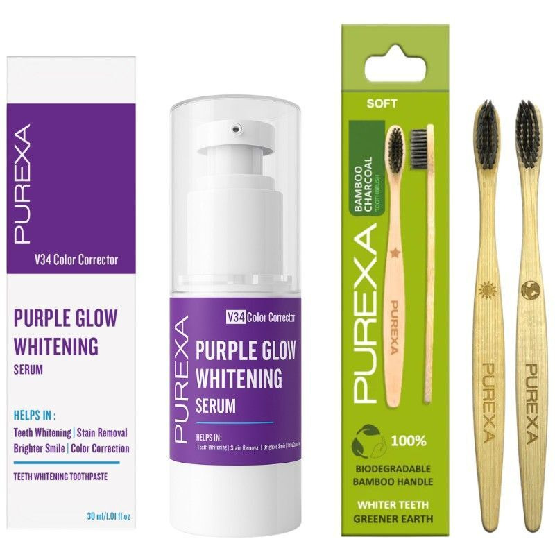 PUREXA Purple Whitening Serum Toothpaste 30ml with Bamboo Toothbrush Pack of 2 | V34 Color Corrector & Nano Hydroxyapatite | Eco-Friendly Oral Care Combo