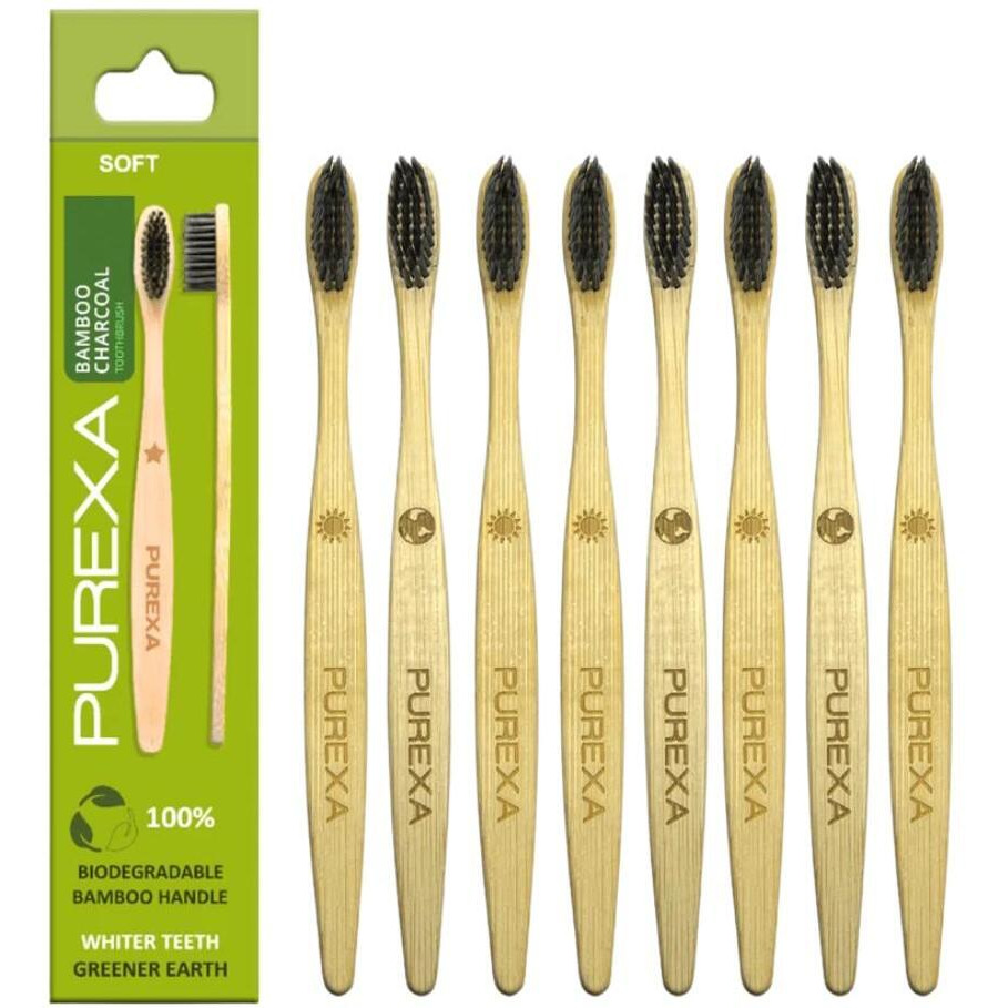 PUREXA Bamboo Toothbrush Pack of 8 | Activated Charcoal BPA Free Soft Bristles | Eco-Friendly Biodegradable Bamboo Handle for Daily Oral Care