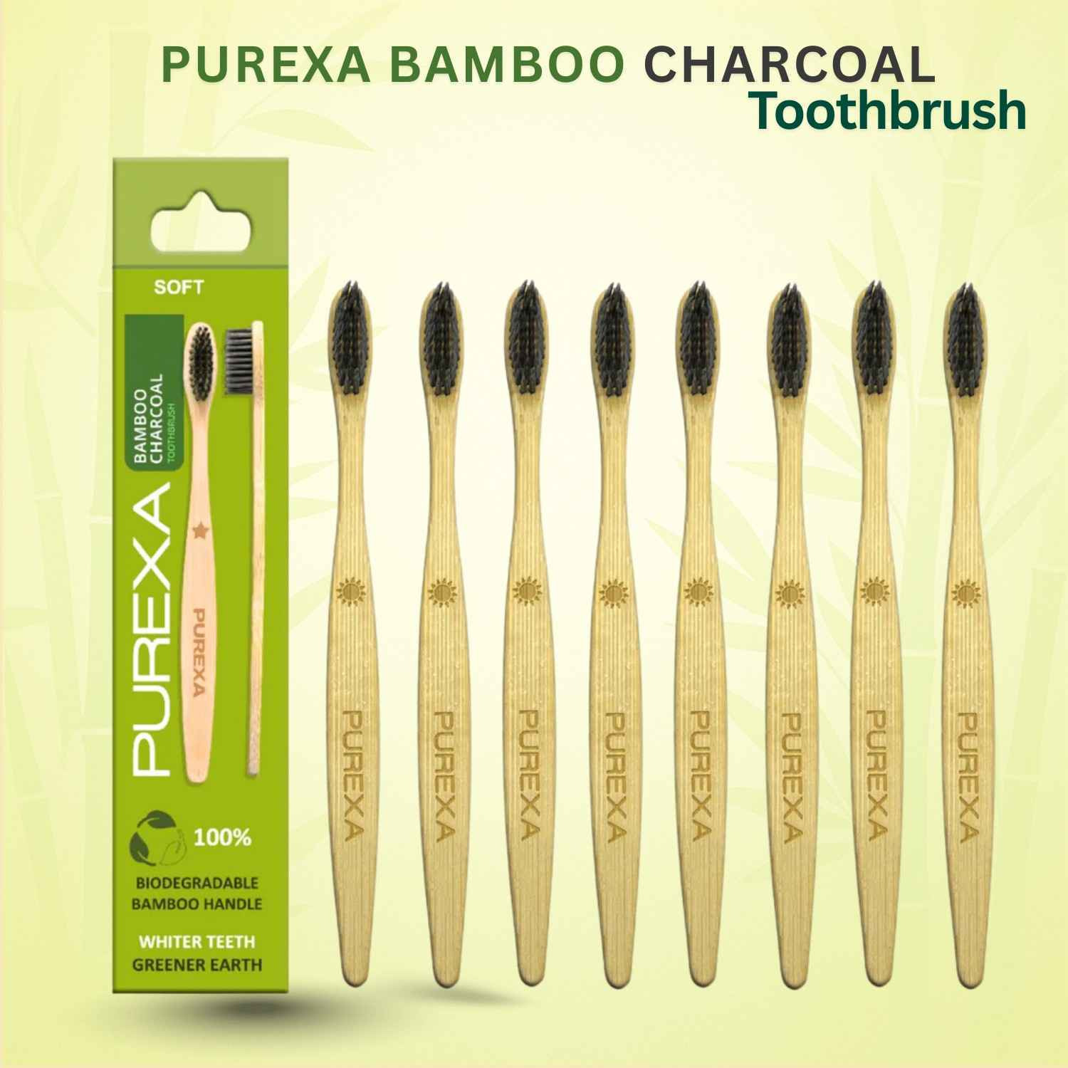 PUREXA Bamboo Toothbrush Pack of 8 | Activated Charcoal BPA Free Soft Bristles | Eco-Friendly Biodegradable Bamboo Handle for Daily Oral Care