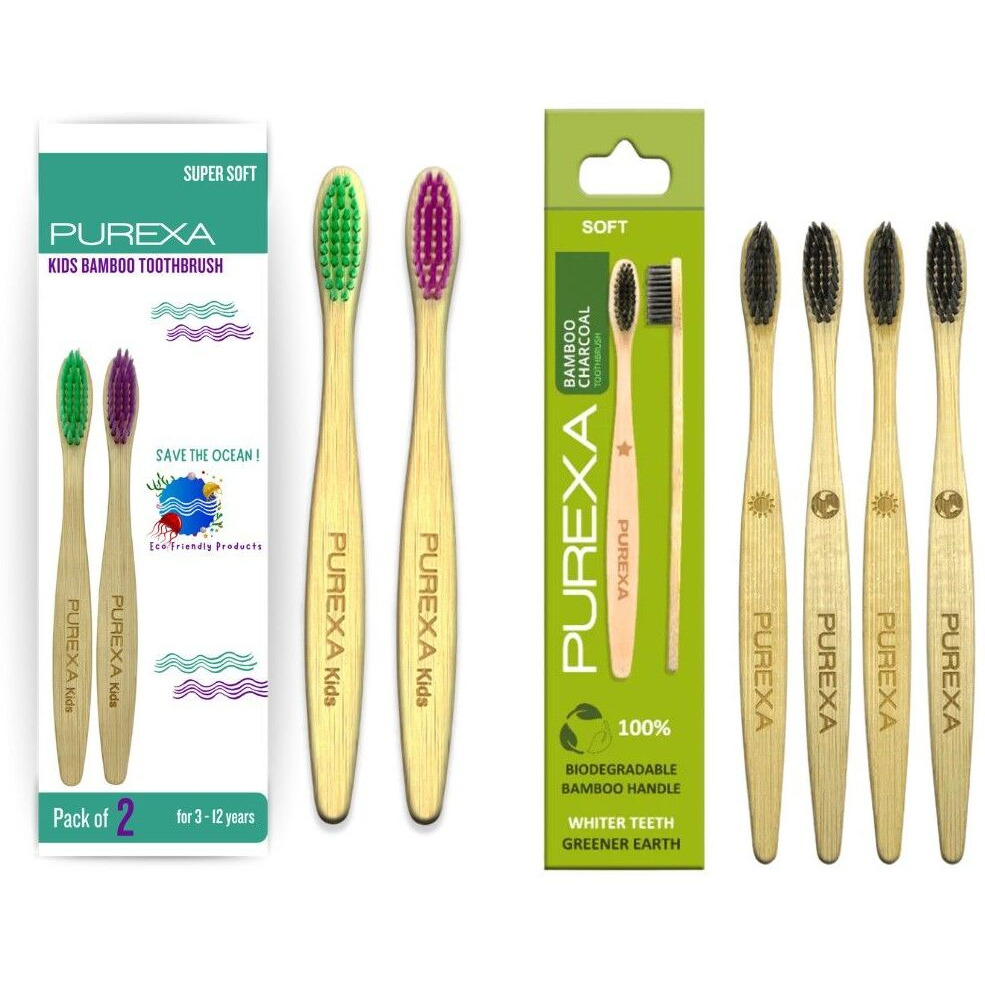 PUREXA Bamboo Toothbrush Pack of 4 with Kids Bamboo Toothbrush Pack of 4 | Activated Charcoal Soft Bristles | Eco-Friendly Biodegradable Family Oral Care Combo
