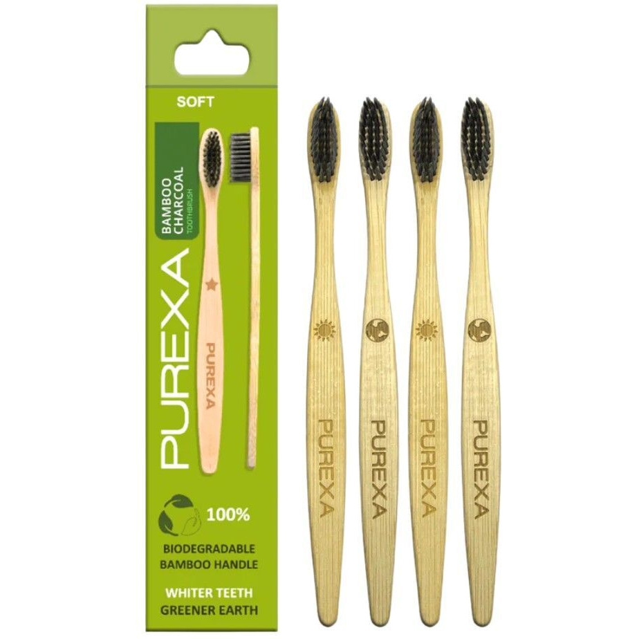PUREXA Bamboo Toothbrush Pack of 4 with Kids Bamboo Toothbrush Pack of 4 | Activated Charcoal Soft Bristles | Eco-Friendly Biodegradable Family Oral Care Combo
