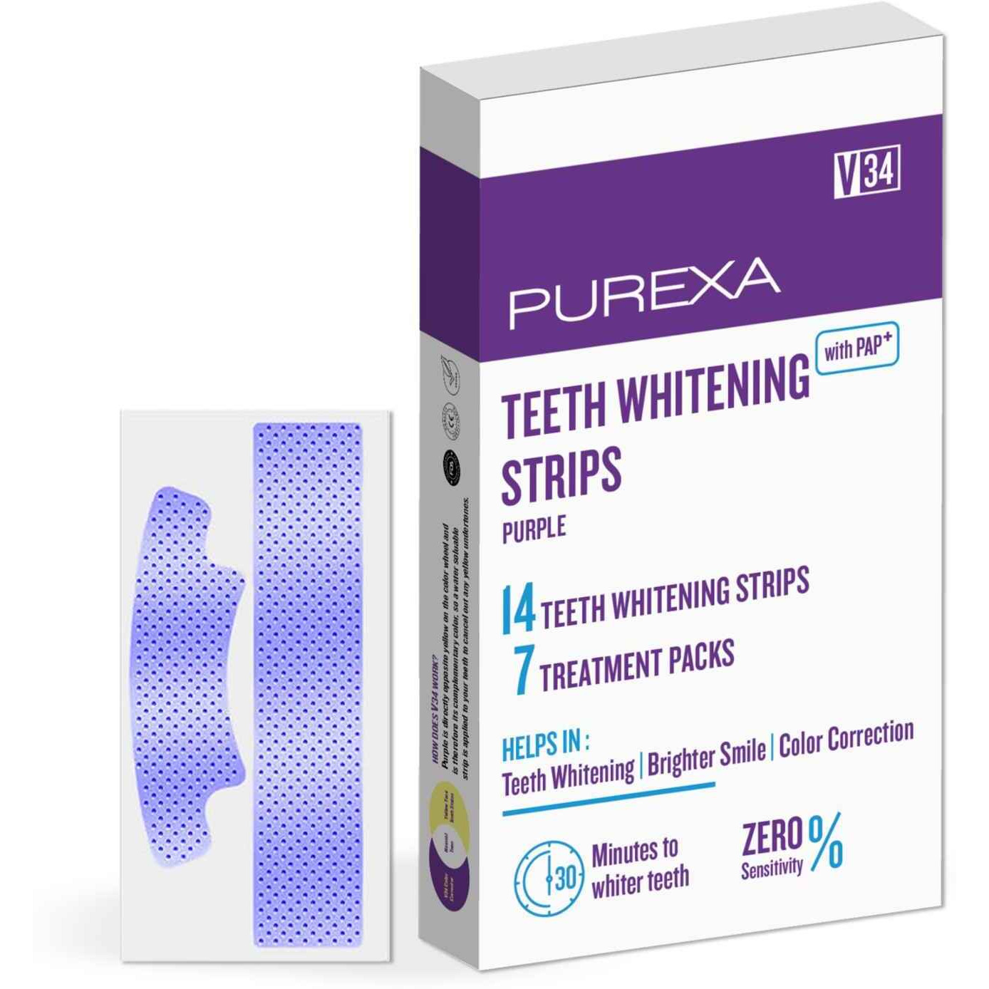 PUREXA V34 Teeth Whitening Strips with PAP+ | 7 Strips for 14 Applications | Enamel Safe & Sensitivity Friendly Whitening Strips for Teeth Stain Removal