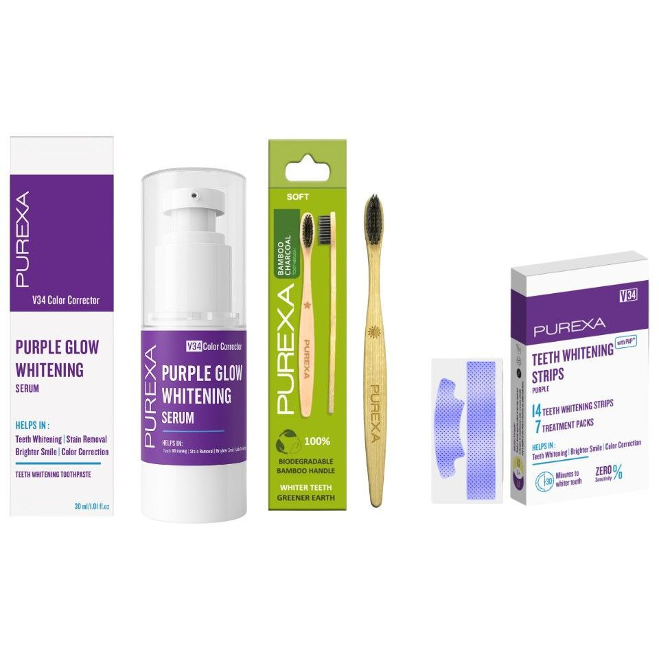 PUREXA Mini Whitening Kit | Purple Whitening Serum 30ml, V34 Whitening Strips & Bamboo Toothbrush | PAP+, Nano Hydroxyapatite & Color Correcting Oral Care Combo