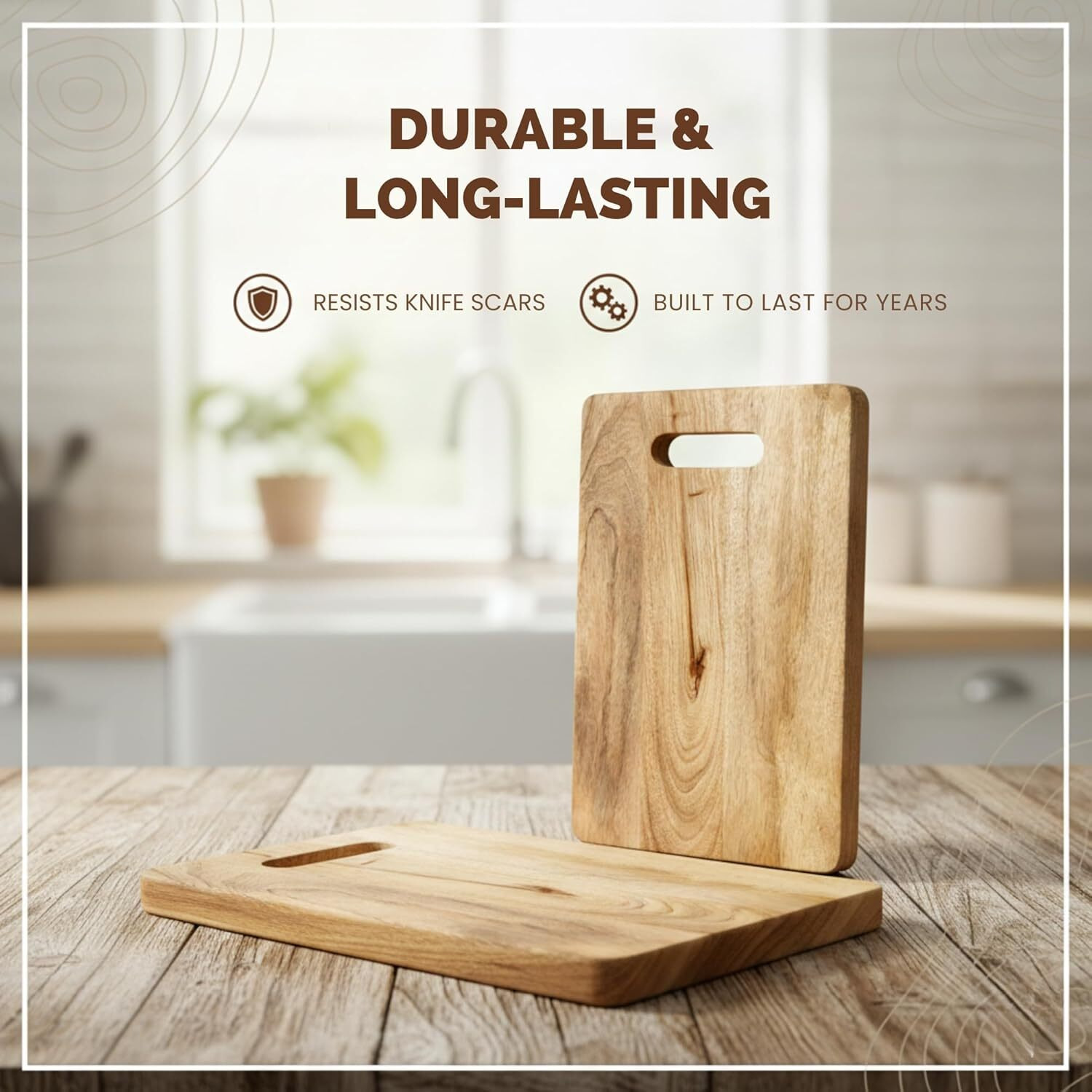 Stellar Soul Wooden Chopping Board with Handle, Natural Solid Wood Cutting Board for Kitchen, Durable Knife-Friendly Cutting Surface for Vegetables, Fruits & Meat, Easy Grip & Hanging Loop