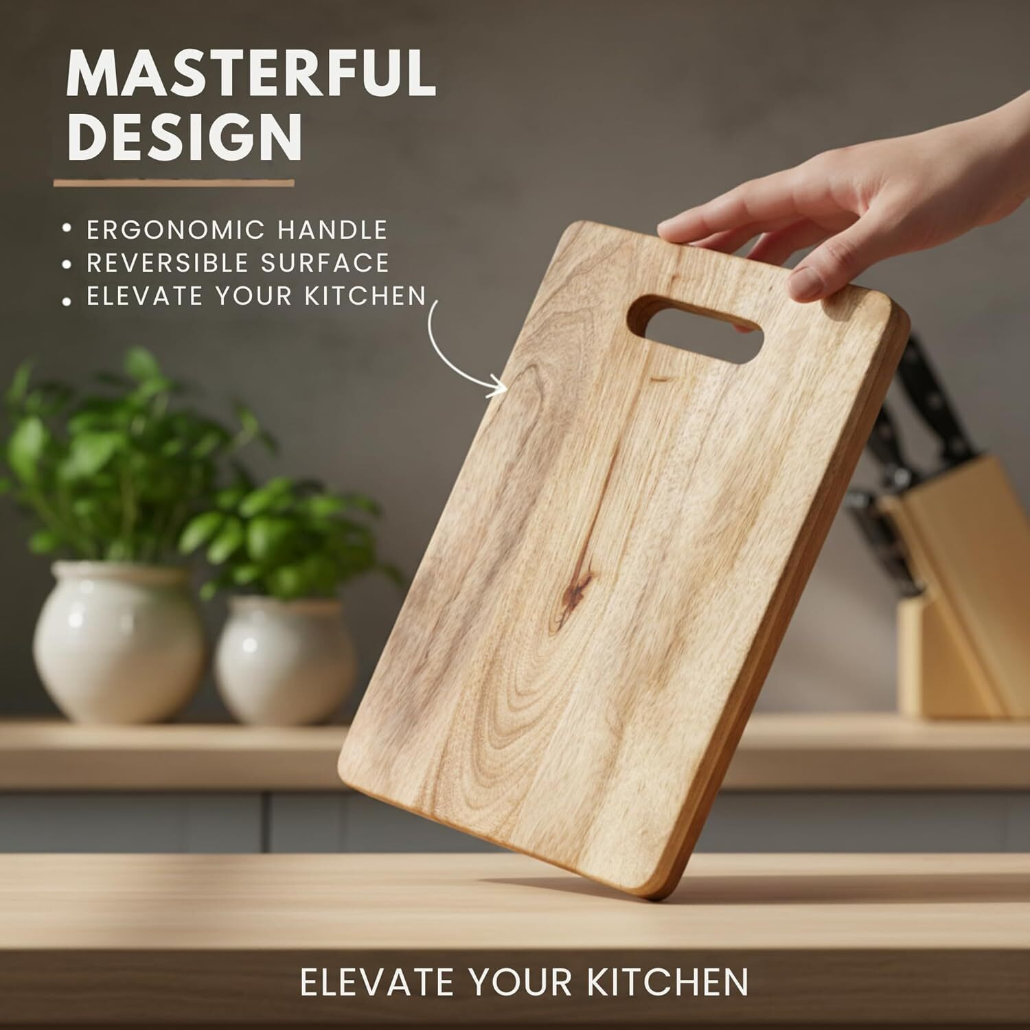 Stellar Soul Wooden Chopping Board with Handle, Natural Solid Wood Cutting Board for Kitchen, Durable Knife-Friendly Cutting Surface for Vegetables, Fruits & Meat, Easy Grip & Hanging Loop