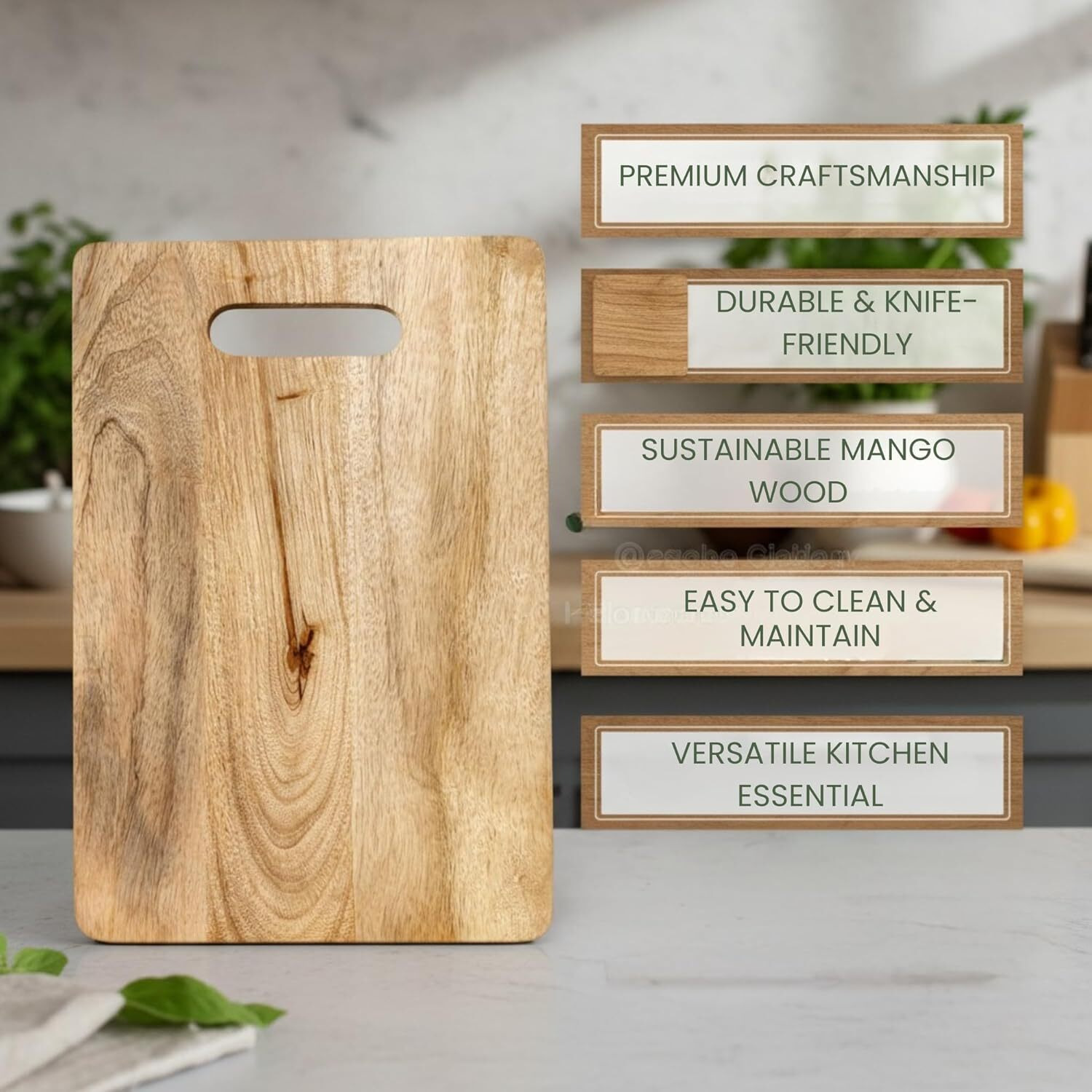 Stellar Soul Wooden Chopping Board with Handle, Natural Solid Wood Cutting Board for Kitchen, Durable Knife-Friendly Cutting Surface for Vegetables, Fruits & Meat, Easy Grip & Hanging Loop