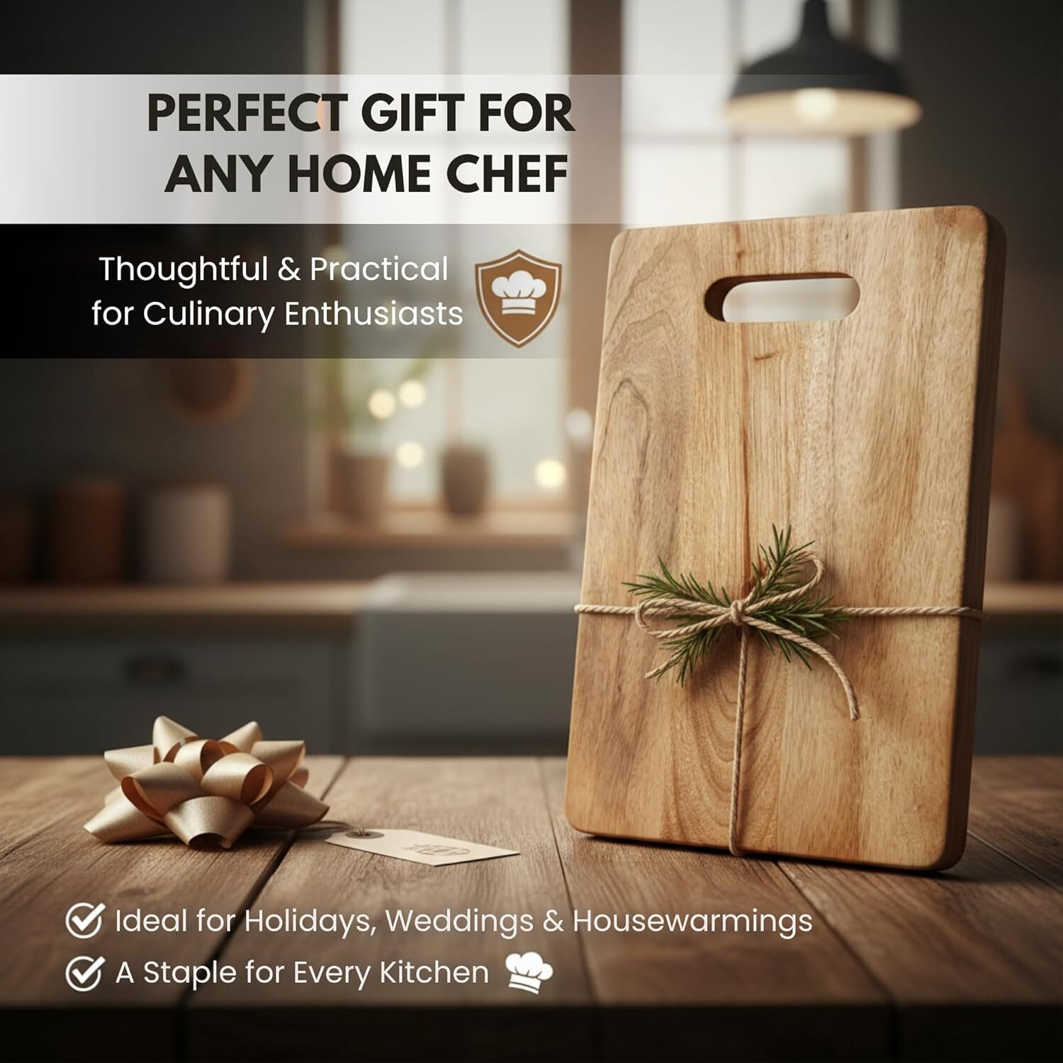 Stellar Soul Wooden Chopping Board with Handle, Natural Solid Wood Cutting Board for Kitchen, Durable Knife-Friendly Cutting Surface for Vegetables, Fruits & Meat, Easy Grip & Hanging Loop