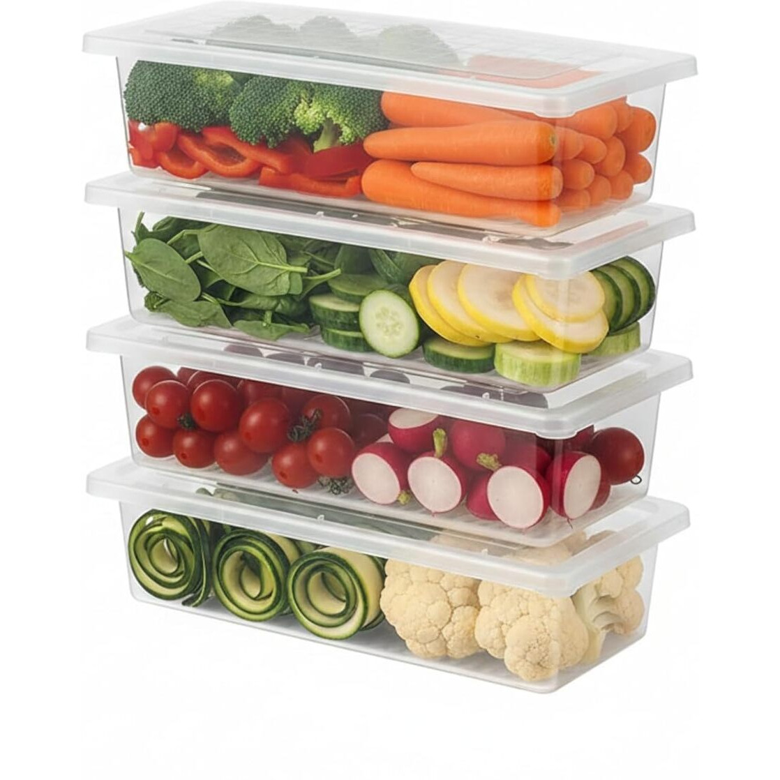Stellar Soul Fridge Storage Containers (Pack of 4), Fridge Organiser Storage Boxes with Removable Drain Plate, Lids, Stackable Organizer, Fridge Storage Box Keep Fruits, Vegetables Fresher, 1500 ML