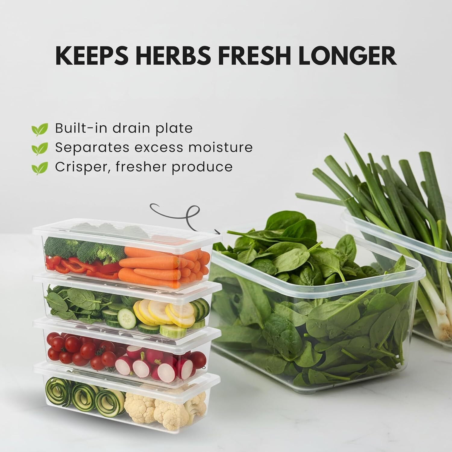 Stellar Soul Fridge Storage Containers (Pack of 4), Fridge Organiser Storage Boxes with Removable Drain Plate, Lids, Stackable Organizer, Fridge Storage Box Keep Fruits, Vegetables Fresher, 1500 ML