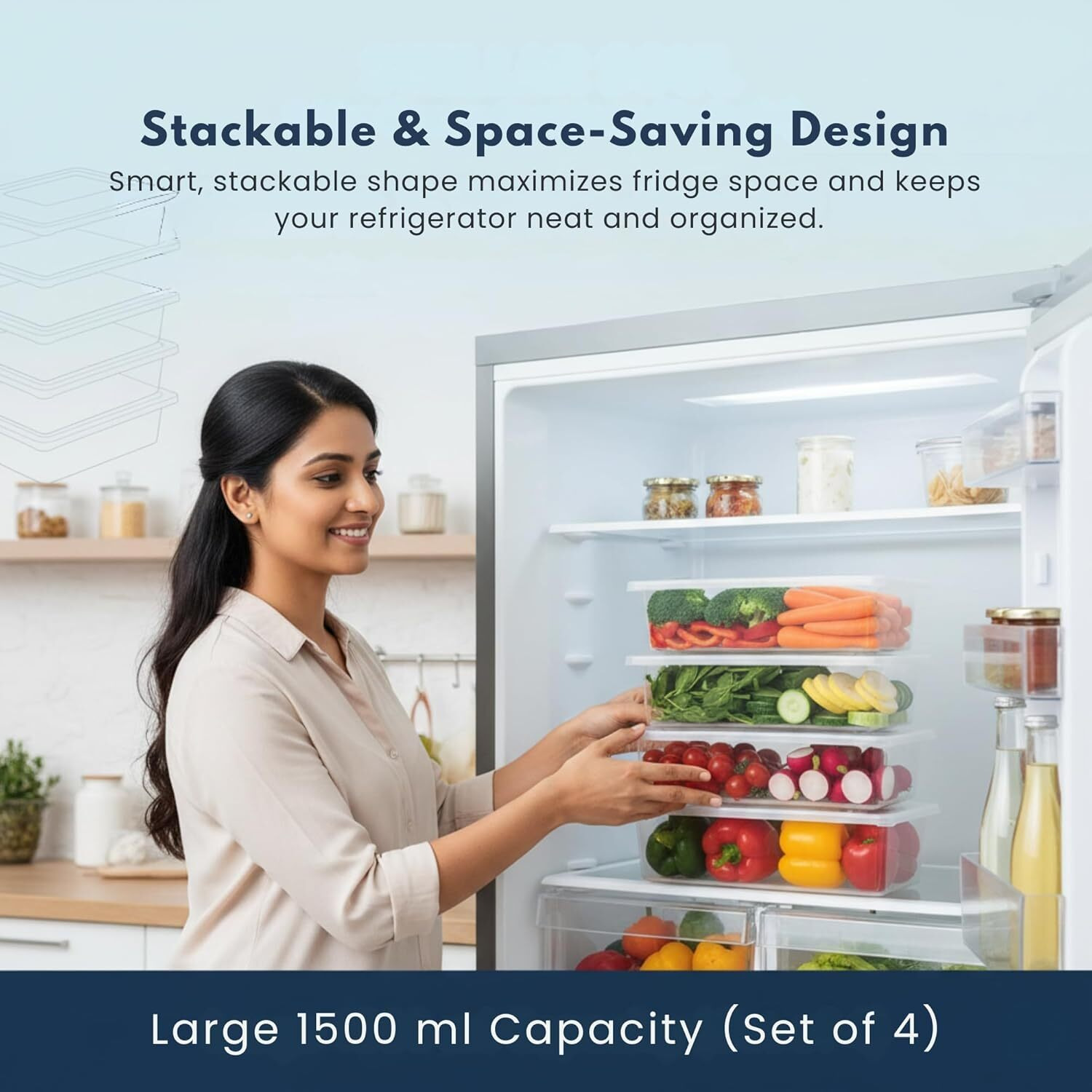 Stellar Soul Fridge Storage Containers (Pack of 4), Fridge Organiser Storage Boxes with Removable Drain Plate, Lids, Stackable Organizer, Fridge Storage Box Keep Fruits, Vegetables Fresher, 1500 ML
