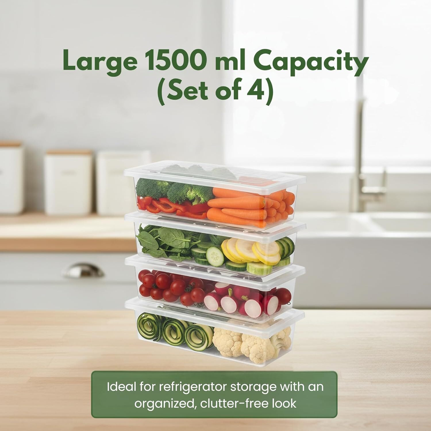 Stellar Soul Fridge Storage Containers (Pack of 4), Fridge Organiser Storage Boxes with Removable Drain Plate, Lids, Stackable Organizer, Fridge Storage Box Keep Fruits, Vegetables Fresher, 1500 ML