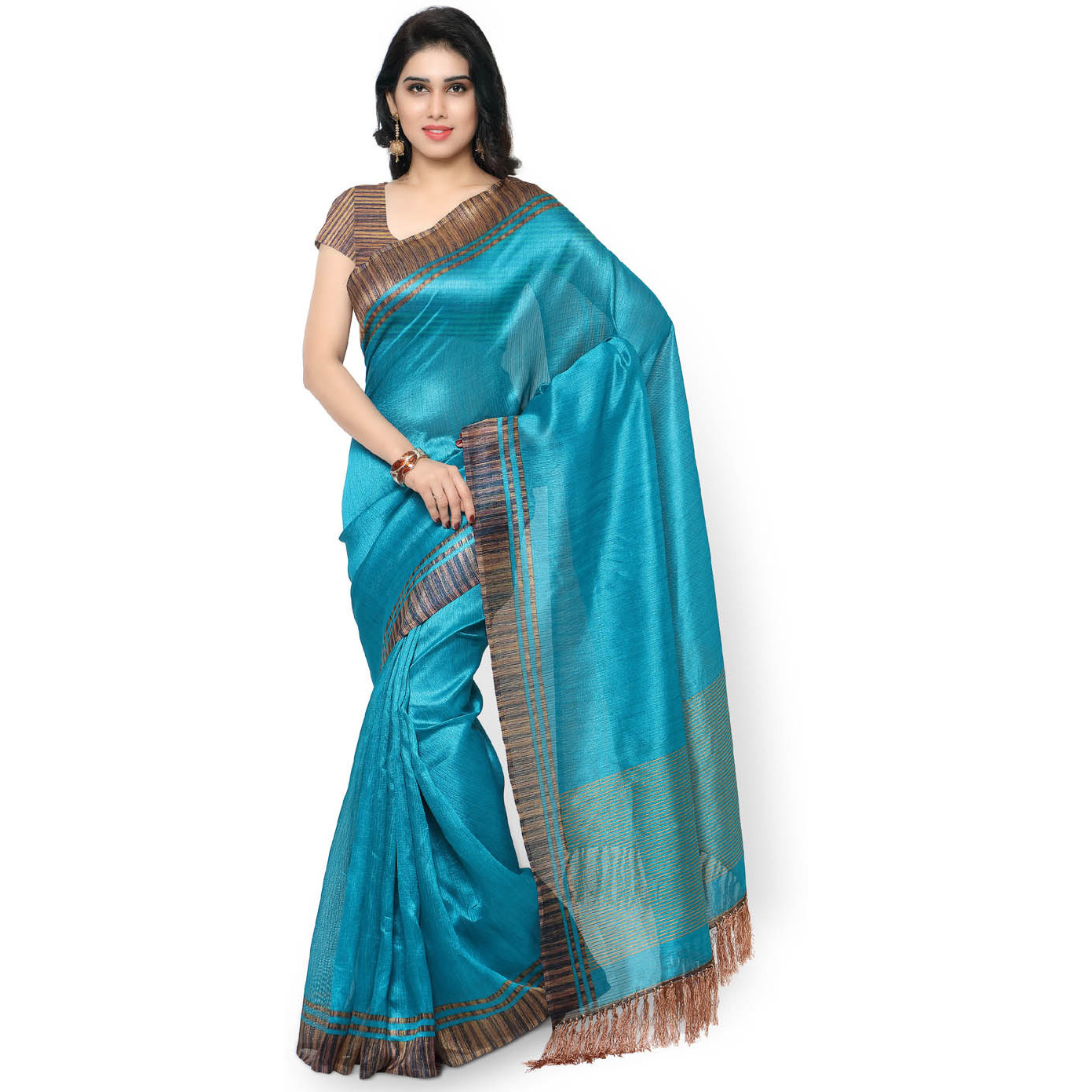 Rajnandini Teal Blue Tussar Silk Plain Traditional Saree