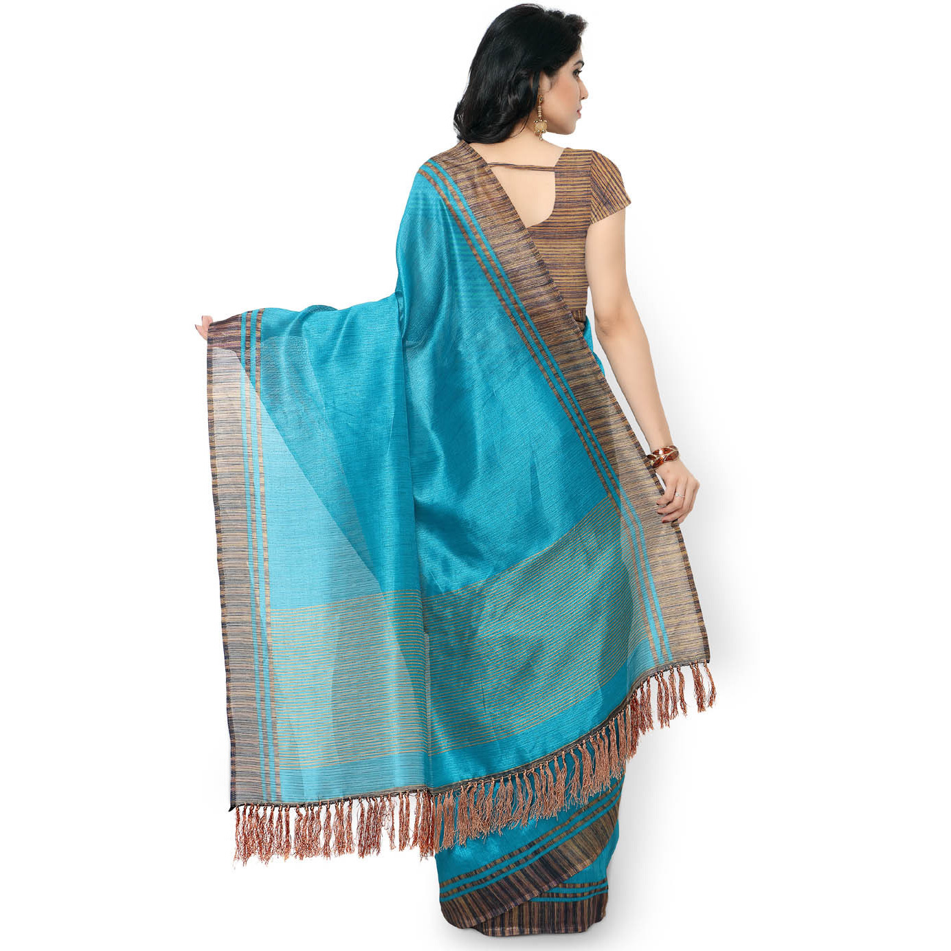 Rajnandini Teal Blue Tussar Silk Plain Traditional Saree