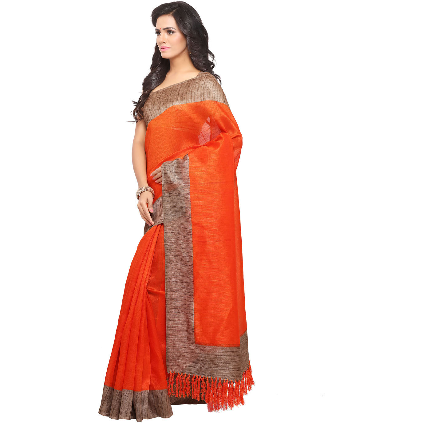 Rajnandini Orange Tussar Silk Plain Formal Saree