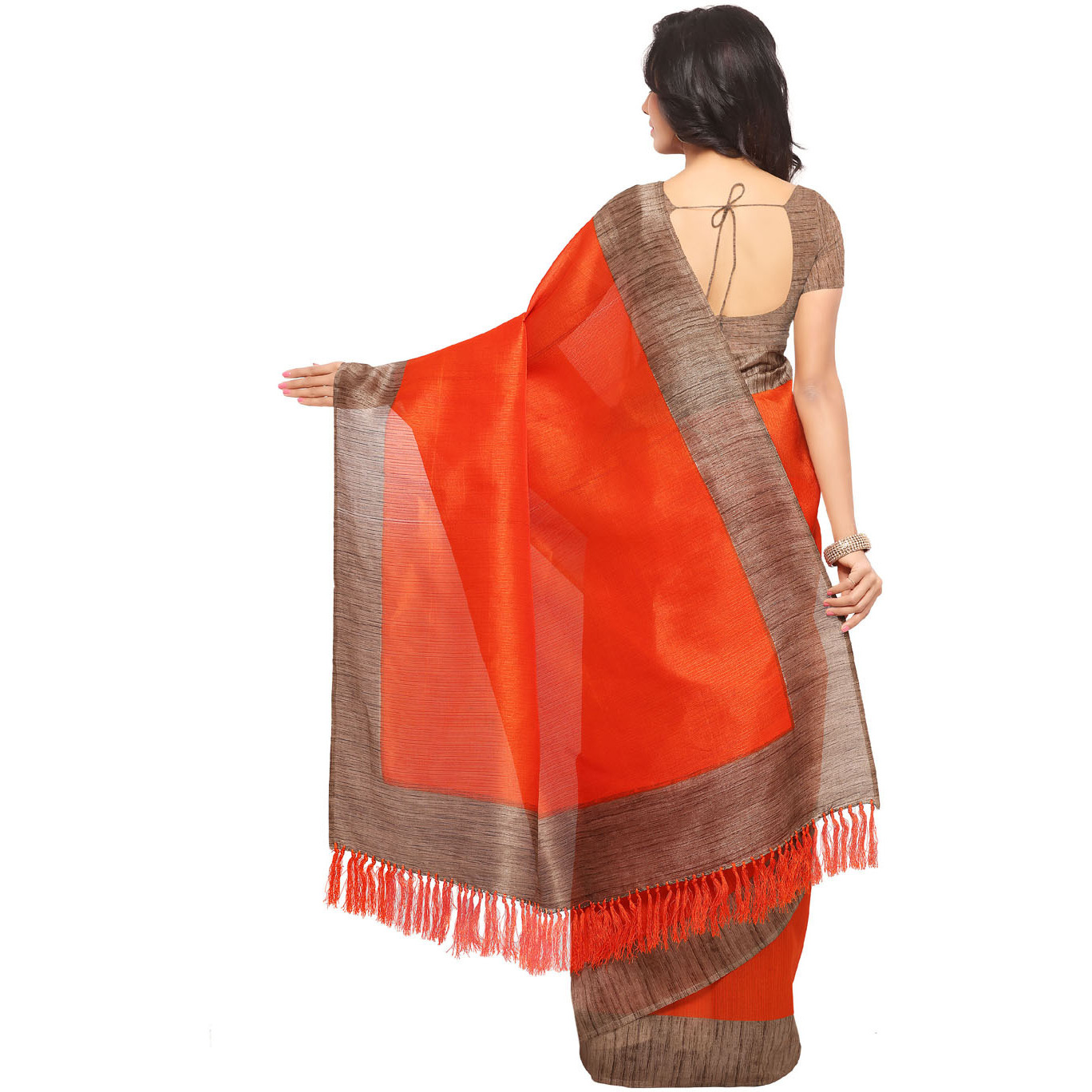 Rajnandini Orange Tussar Silk Plain Formal Saree