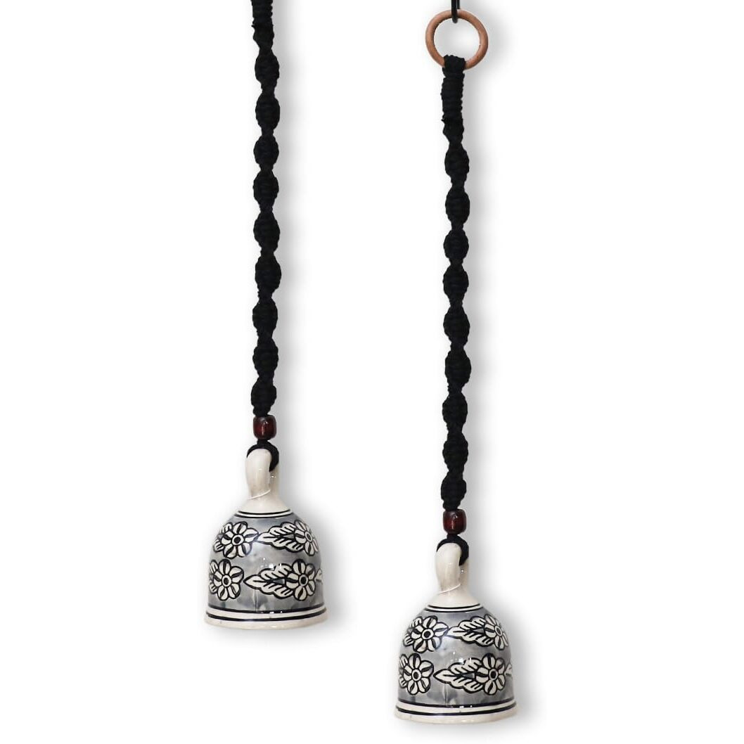Gathari Macrame Ceramic Bells Bohemian Home Wall Dcor Handmade Home Wall Decor,Decorate Your Room, Home Decor Item for Room (Black, Set of 2)