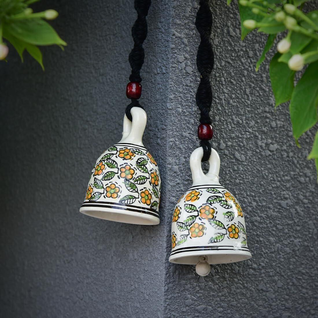 Gathari Macrame Ceramic Bells Bohemian Home Wall Dcor Handmade Home Wall Decor,Decorate Your Room, Home Decor Item for Room (Black, Set of 2)