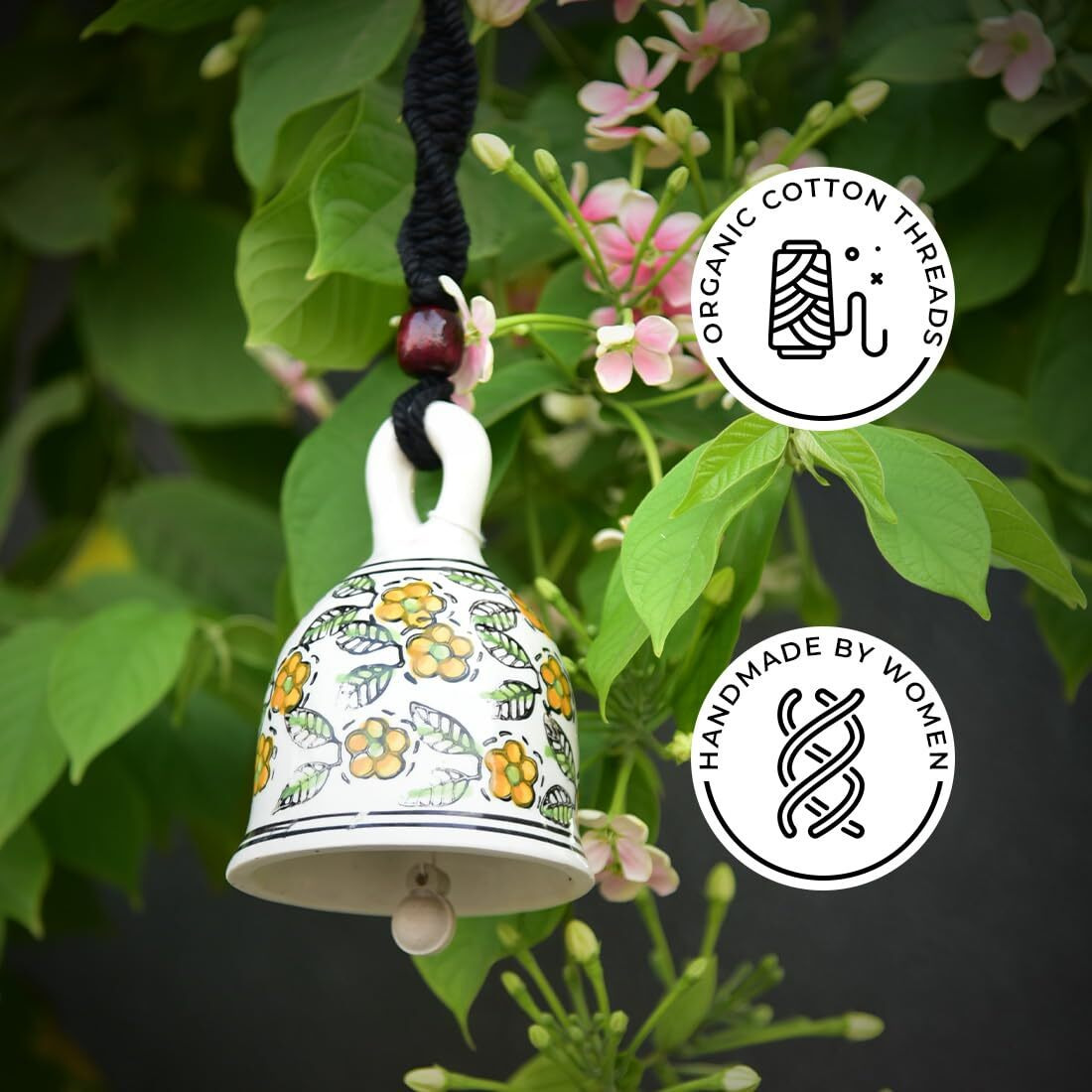 Gathari Macrame Ceramic Bells Bohemian Home Wall Dcor Handmade Home Wall Decor,Decorate Your Room, Home Decor Item for Room (Black, Set of 2)
