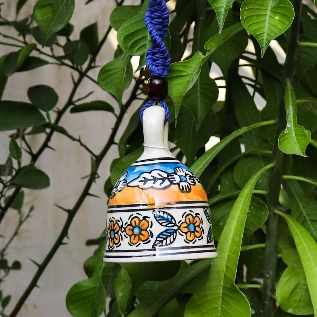 Gathari Macrame Ceramic Bells Bohemian Home Wall Dcor Handmade Home Wall Decor, Decorate Your Room, Home Decor Item for Room (Blue, Single)
