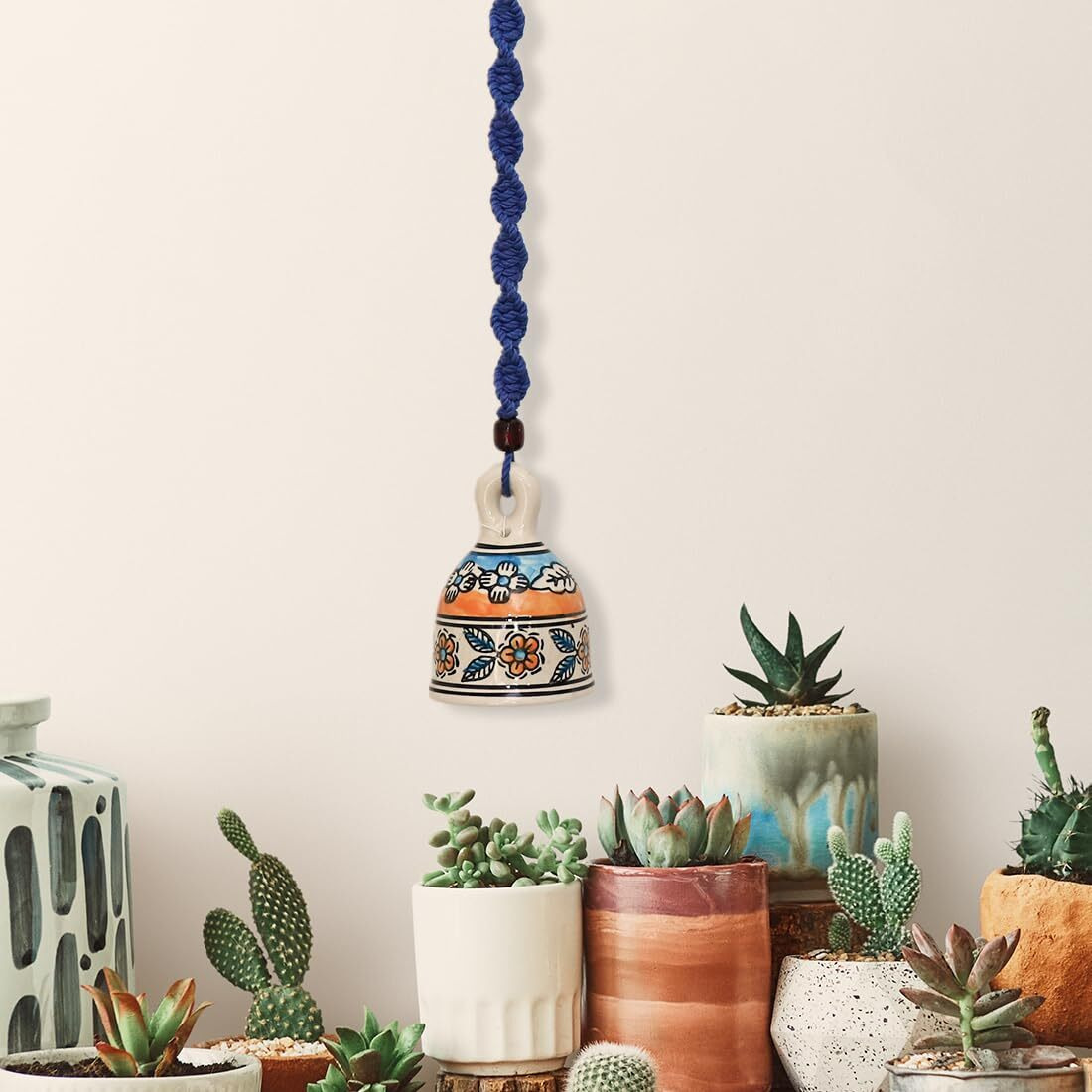 Gathari Macrame Ceramic Bells Bohemian Home Wall Dcor Handmade Home Wall Decor, Decorate Your Room, Home Decor Item for Room (Blue, Single)