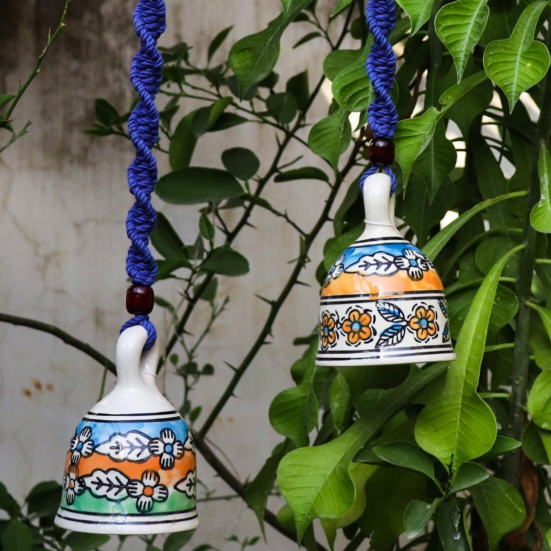 Gathari Macrame Ceramic Bells Bohemian Home Wall Dcor Handmade Home Wall Decor,Decorate Your Room, Home Decor Item for Room (Blue, Set of 2)