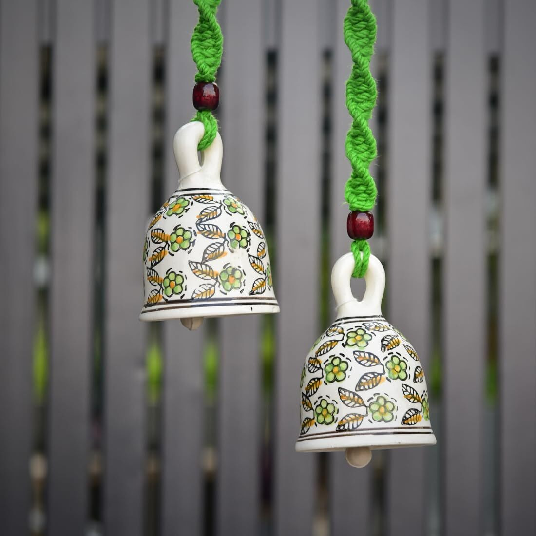 Gathari Macrame Ceramic Bells Bohemian Home Wall Dcor Handmade Home Wall Decor,Decorate Your Room, Home Decor Item for Room (Green, Set of 2)