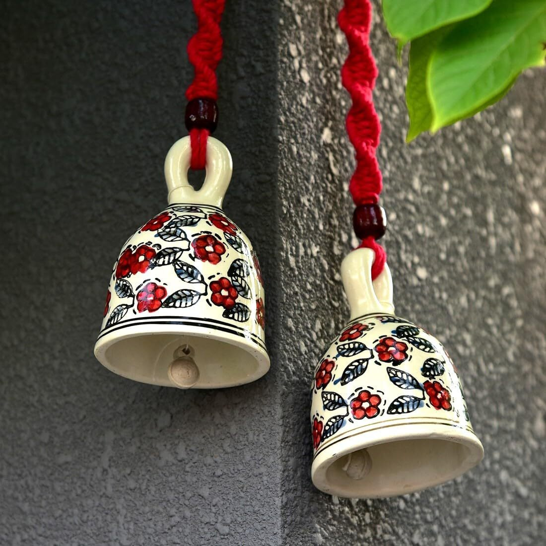 Gathari Macrame Ceramic Bells Bohemian Home Wall Dcor Handmade Home Wall Decor,Decorate Your Room, Home Decor Item 0for Room (Red, Set of 2)