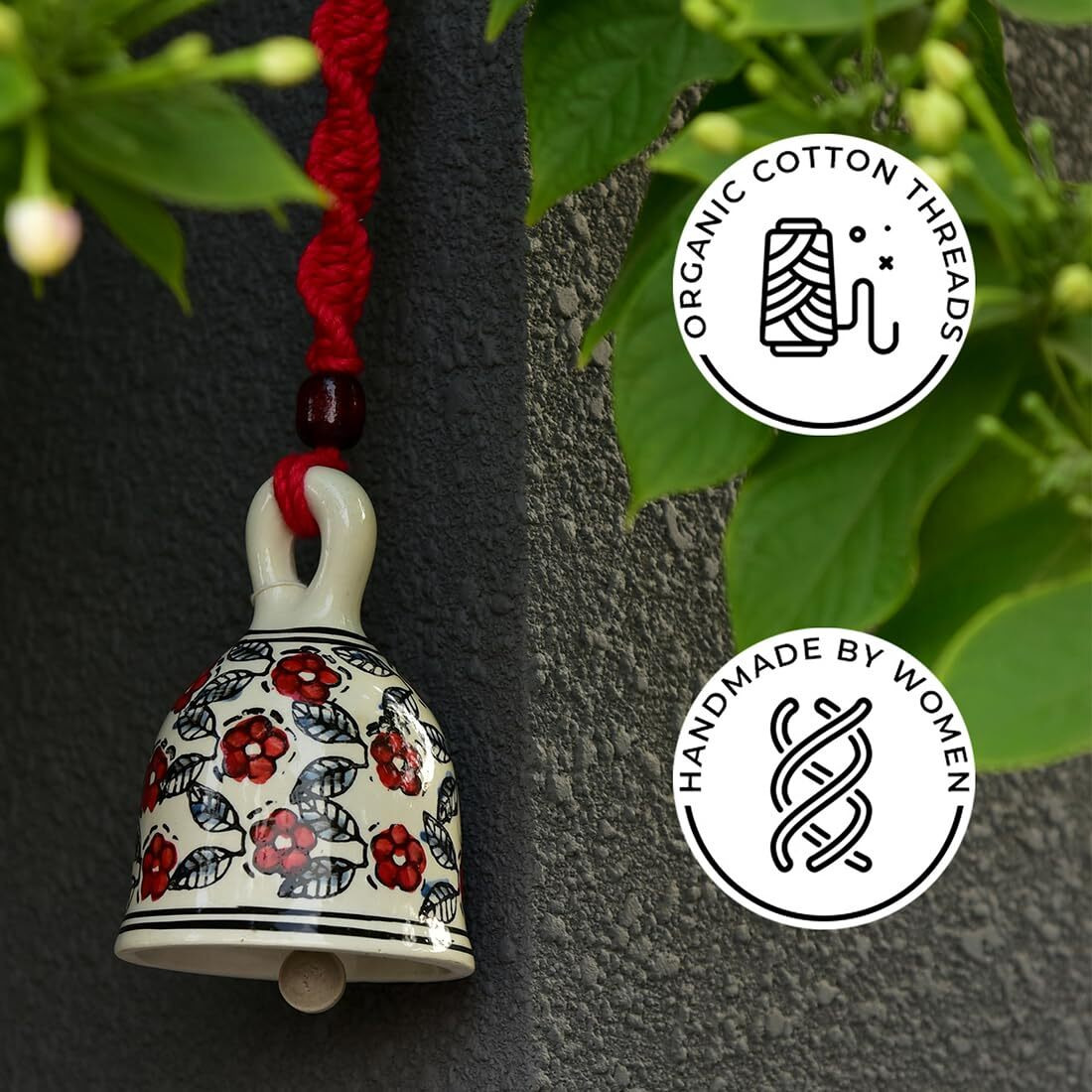 Gathari Macrame Ceramic Bells Bohemian Home Wall Dcor Handmade Home Wall Decor,Decorate Your Room, Home Decor Item 0for Room (Red, Set of 2)