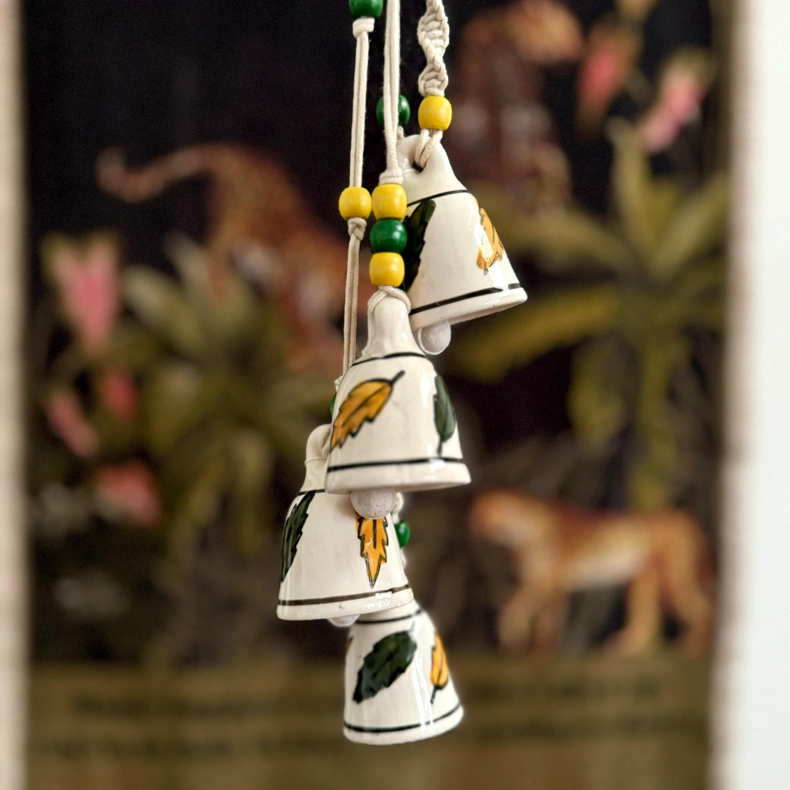 Gathari Macrame Symphony, 4 Mini Ceramic Bells Home Wall Dcor Handmade Home Wall Dcor, Wind Chime. (Yellow & Green)