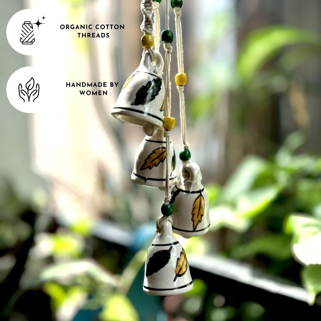 Gathari Macrame Symphony, 4 Mini Ceramic Bells Home Wall Dcor Handmade Home Wall Dcor, Wind Chime. (Yellow & Green)